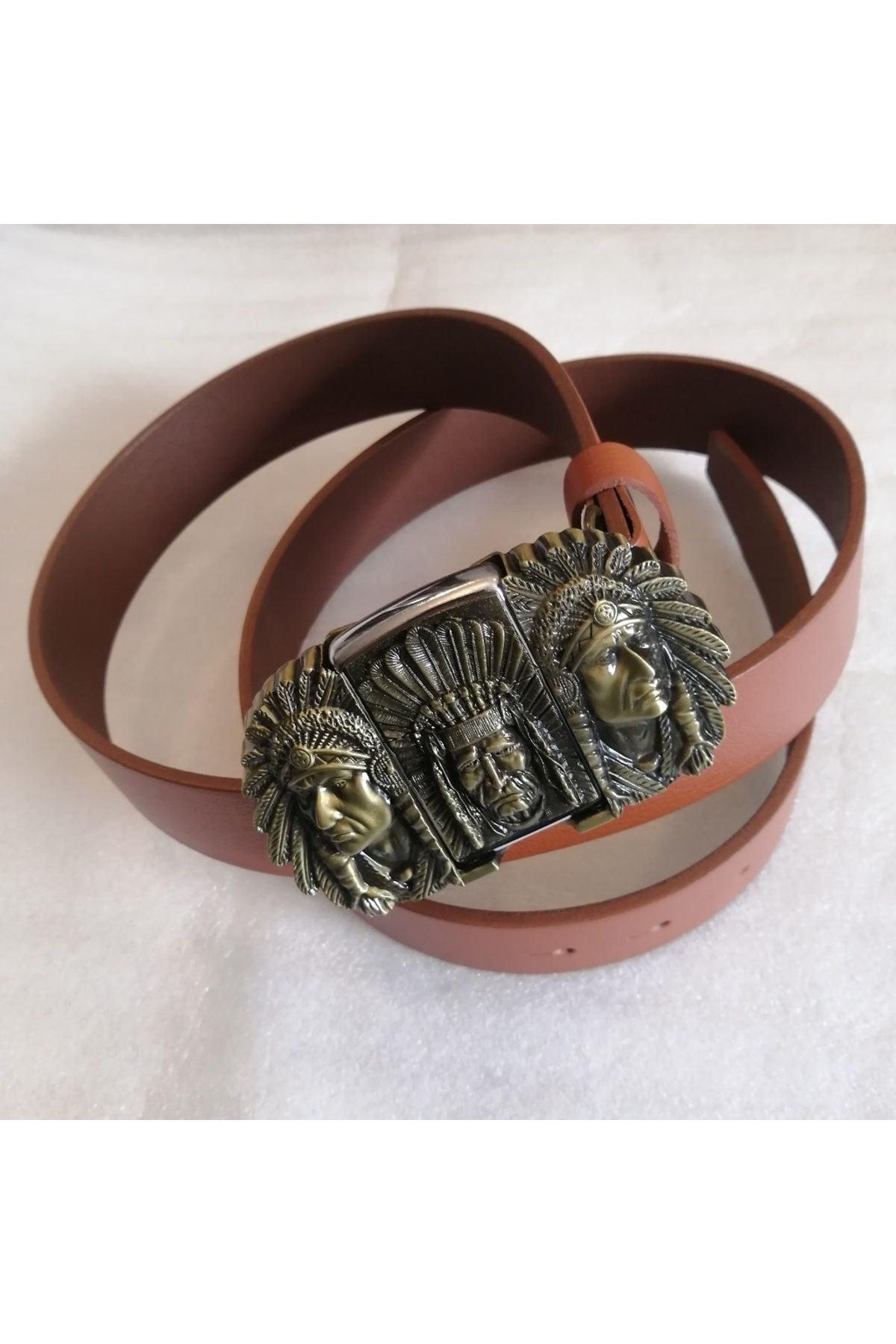 Butik Tülin Unisex otantik hakiki dana derisi taba bronz kızılderili reis çakmaklı kovboy tokalı kemer Tayland