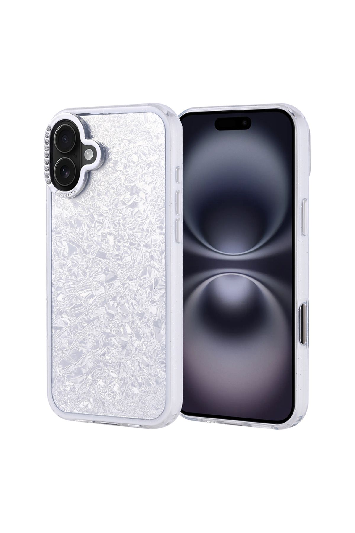 Strap U Apple iPhone 16 Plus Kırık Cam Efektli Işıltılı Kılıf Kamera Koruması Taşlı Tasarım Kapi Kapak