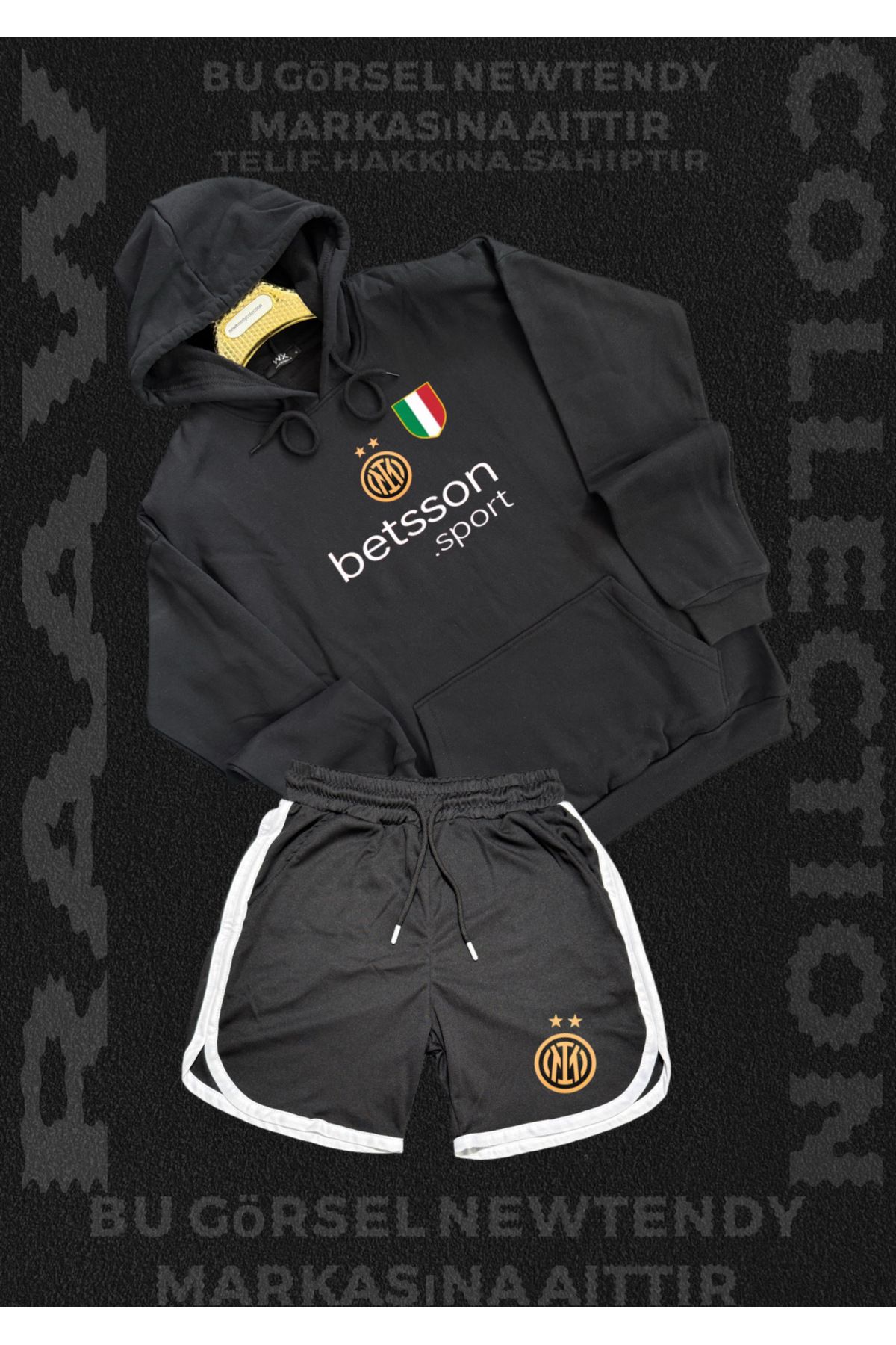 Minikelya Inter Milano Logolu Kapüşonlu Sweatshirt ve Şort Takımı Taraftar Spor Giyim Seti 2li kombin