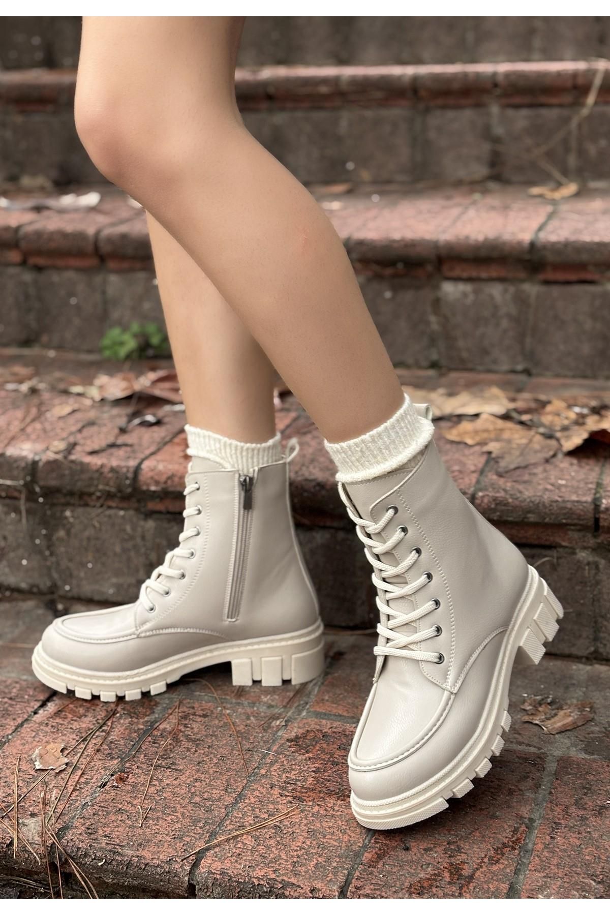 Nil Shoes Yuran Bej Cilt Bağcıklı Bot