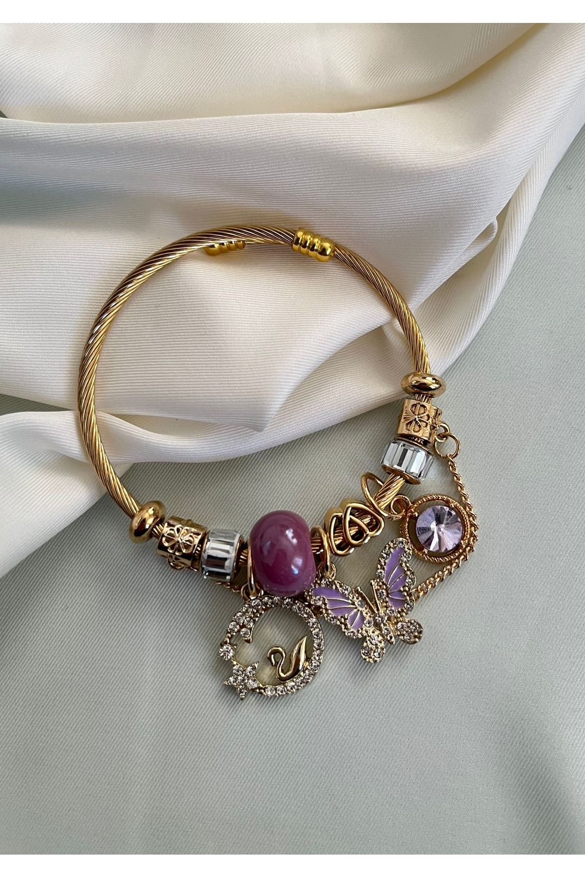 Orvix Accessories Gold Renk Mor Charmlı Kadın Bileklik Vintage Bileklik Yazlık Bileklik Hediyelik Bileklik