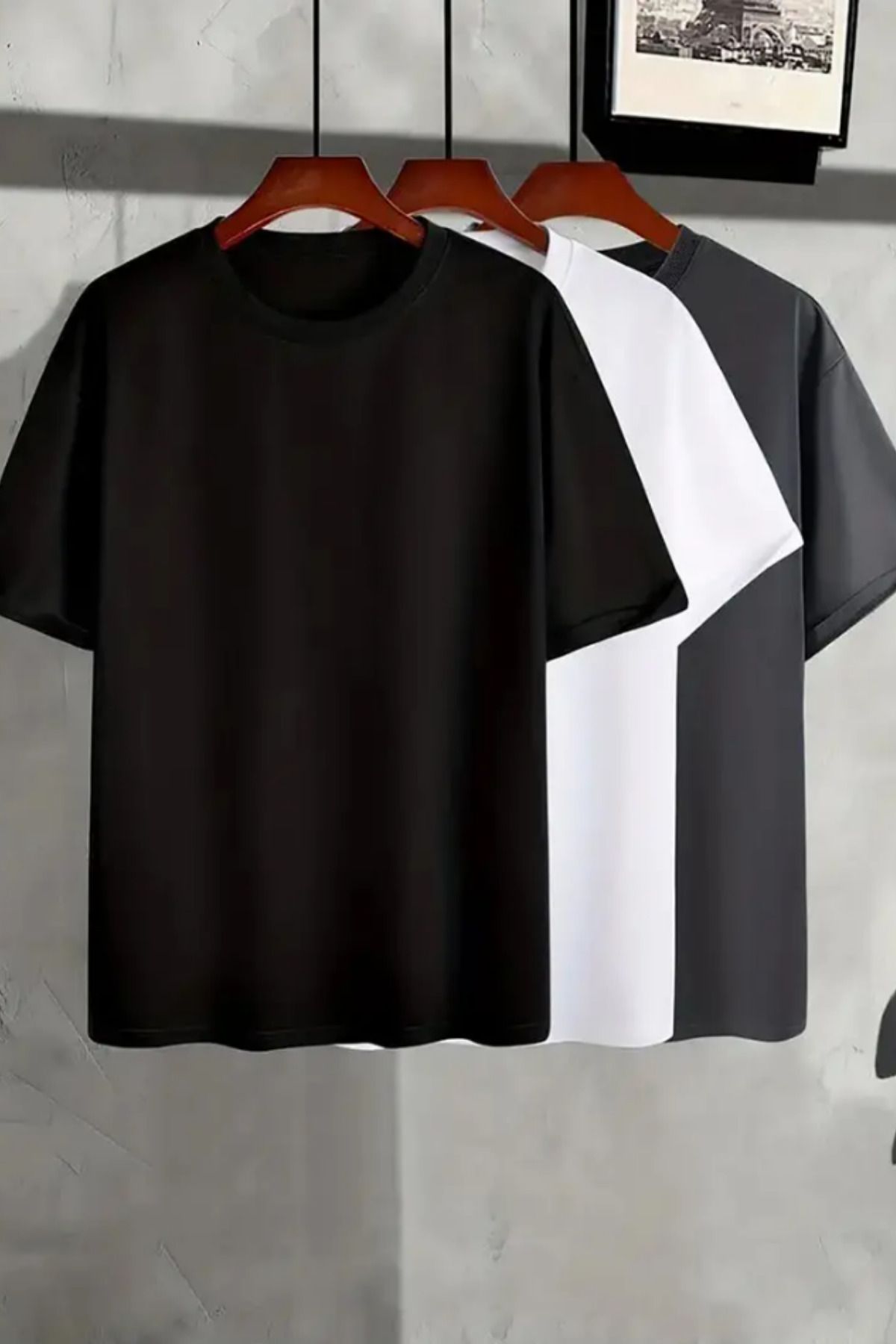 Tarz Cool Erkek Siyah-Beyaz-Füme %100 Pamuk 3 Lü T-shirt Paketi