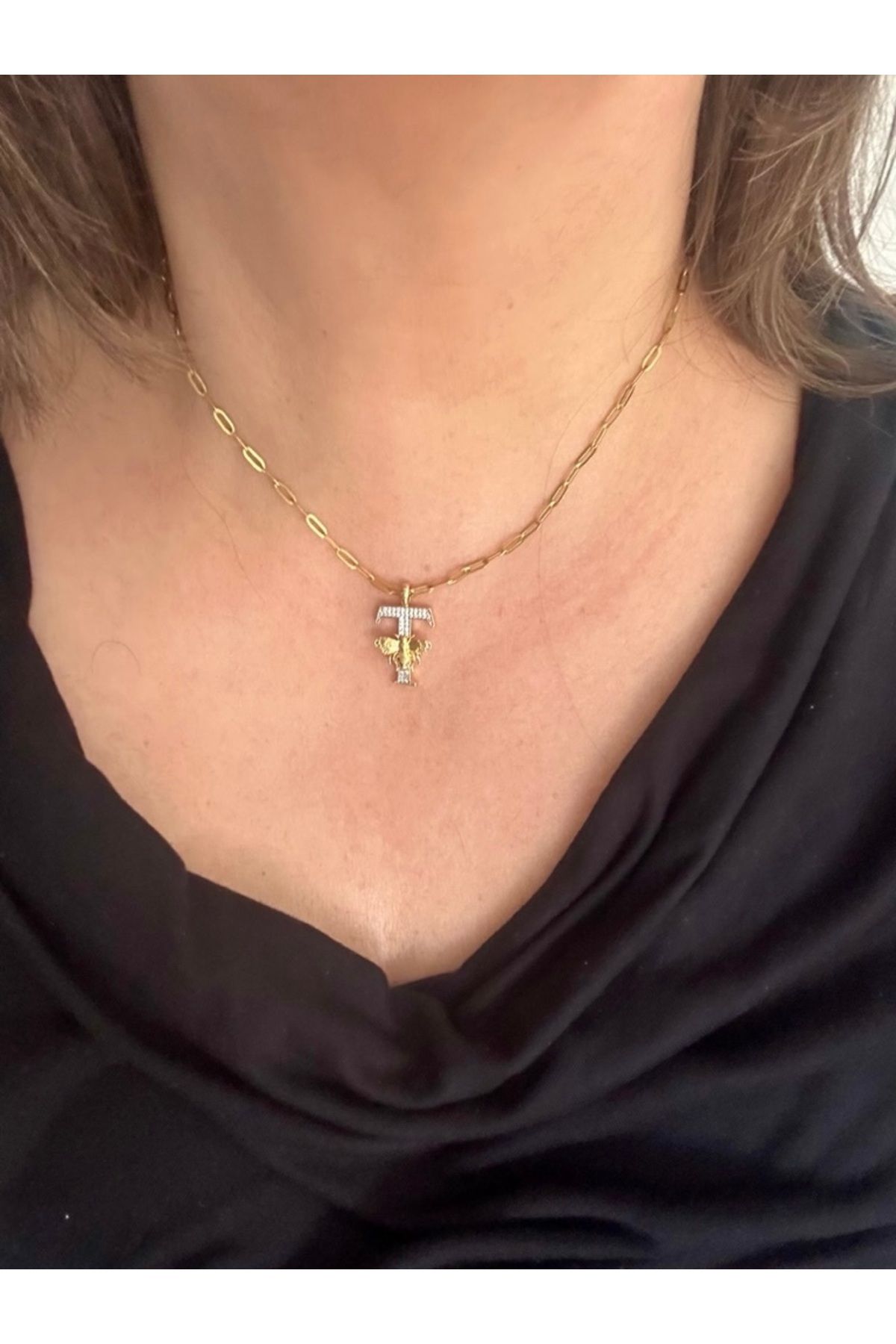 ALS Tasarım Dünyası Kadın Çelik Gold Renk İç İçe Geçirmeli Zincir Ucu T Harf Zirkon Taşlı Kenarı Arı Kolye 40+5 Cm
