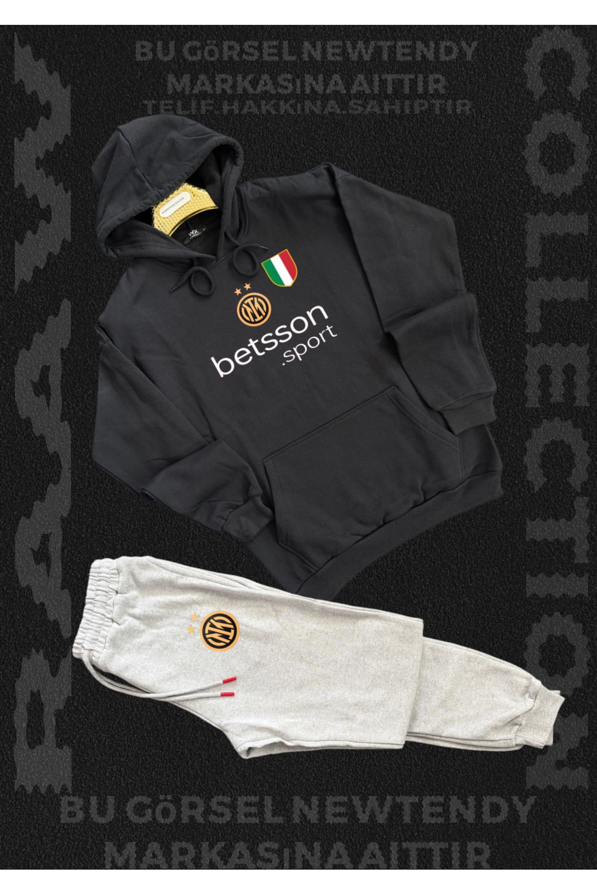 Minikelya Inter Logolu Kapüşonlu Sweatshirt ve eşofman alt Takımı Erkek Taraftar Spor Giyim Seti 2li kombin