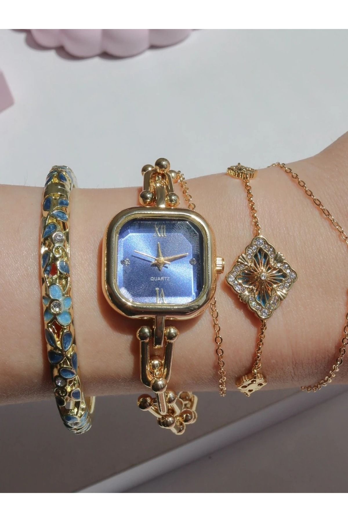 Reorah Collection Golden Chain Blue Saat-Kare Lacivert Zincirli Saat