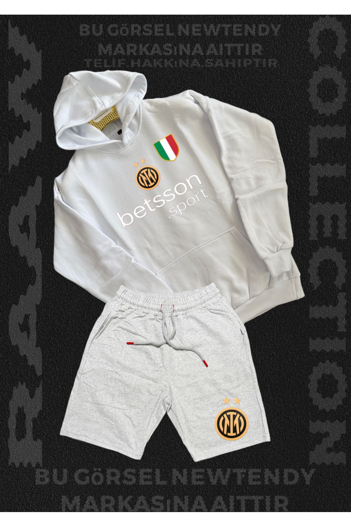 Minikelya Inter Logolu Kapüşonlu Sweatshirt ve Açık Şort Takımı Erkek Taraftar Spor Giyim Seti 2li kombin