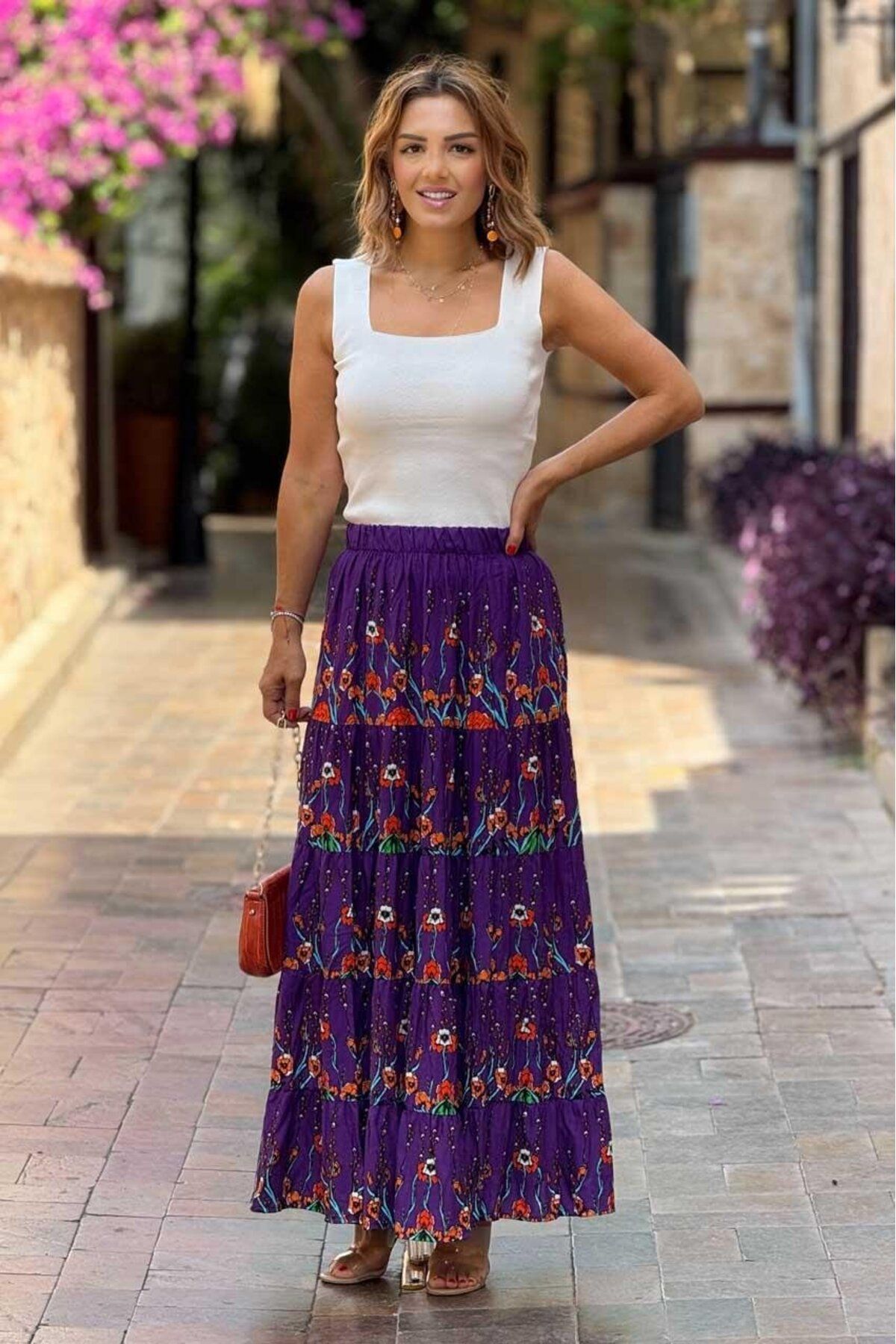 Nevin Kaya Moda Mor Bahar Dalı Desenli %100 Pamuk Viskon Etek