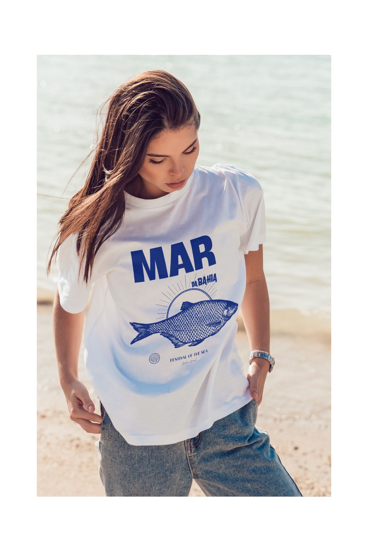 Le'sluette shadow of style KADIN %100 PAMUKLU MAVİ BALIK BASKILI OVERSIZE T-SHIRT