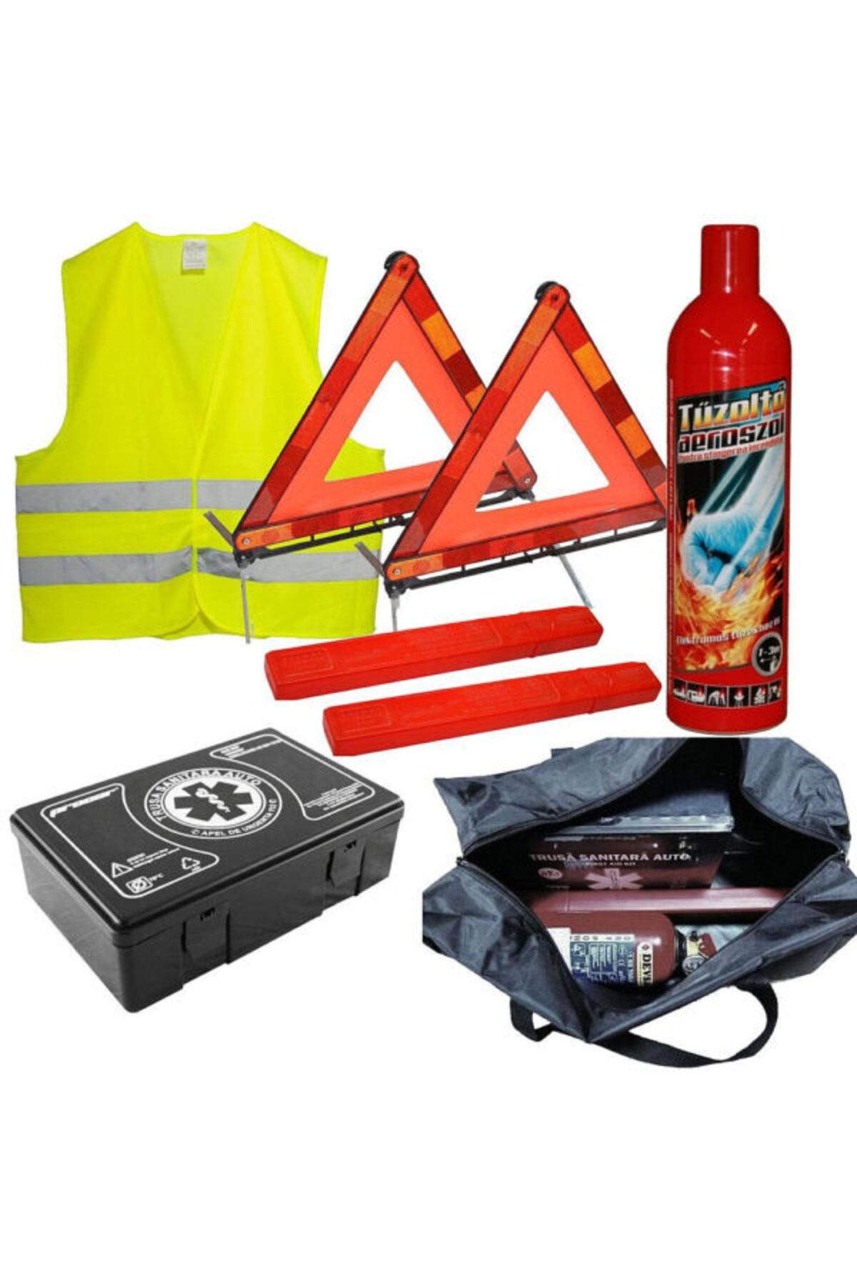 OEM Kit Auto Obligatoriu Trusa Medicala, 2xtriunghiuri, Stingator Spray, Vesta Geanta Depozitare - One Size