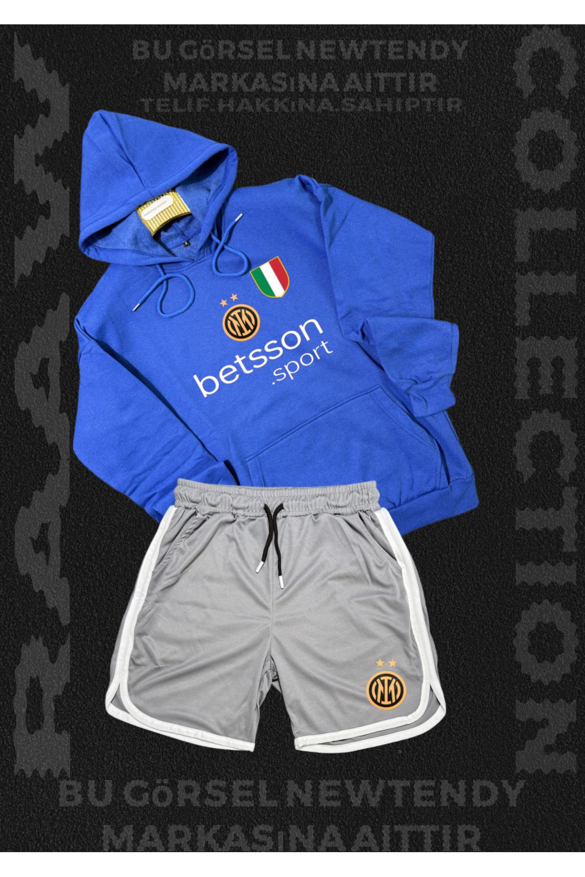 Minikelya Inter Milano Logolu Kapüşonlu Sweatshirt ve Şort Takımı Taraftar Spor Giyim Seti 2li kombin