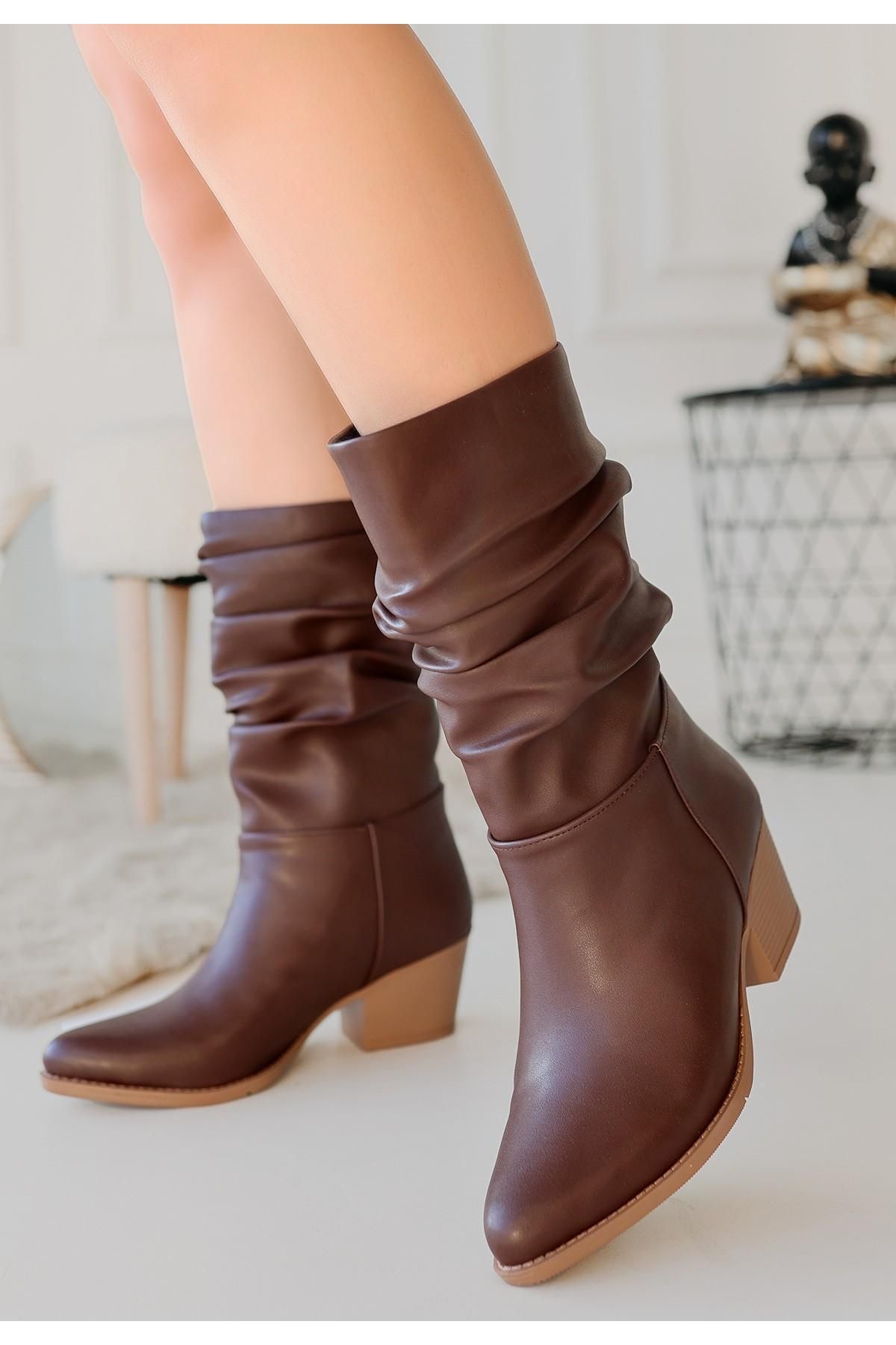 Nil Shoes Yior Kahverengi Cilt Topuklu Bot