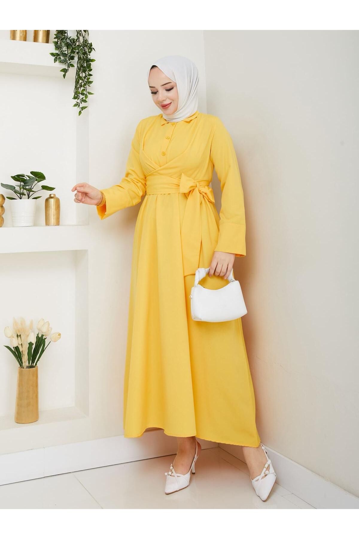 exxitcollection Terikoton Kuşaklı Tesettür Elbise 135 cm