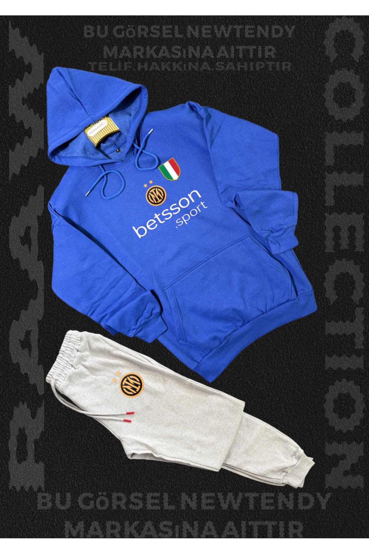 Minikelya Inter Logolu Kapüşonlu Sweatshirt ve eşofman alt Takımı Erkek Taraftar Spor Giyim Seti 2li kombin