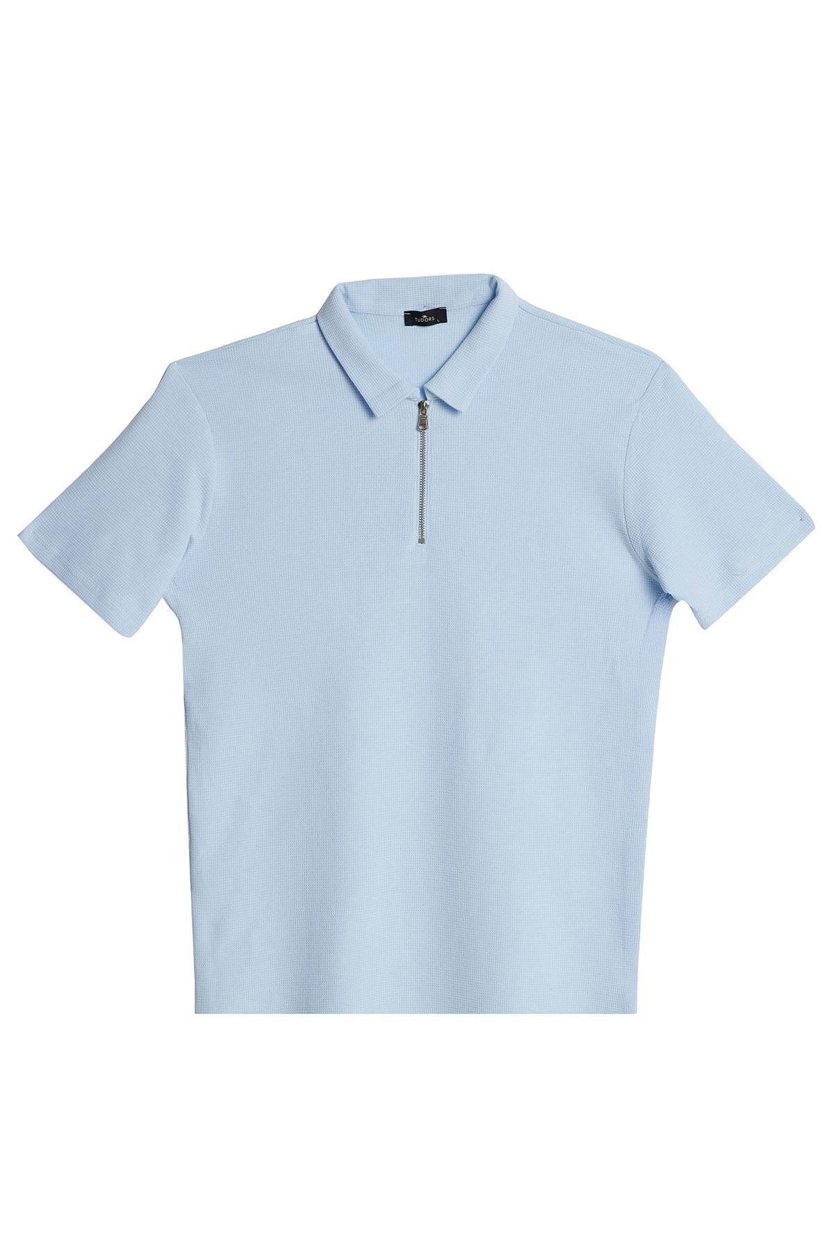 Tudors Erkek Slim Fit Dar Kesim %100 Pamuk Fermuarlı Mavi Polo Yaka Tişört