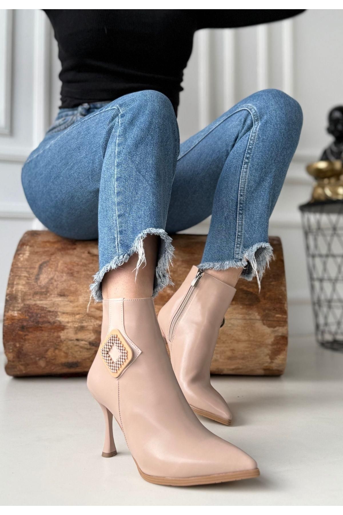 Nil Shoes Moose Nude Cilt Topuklu Bot