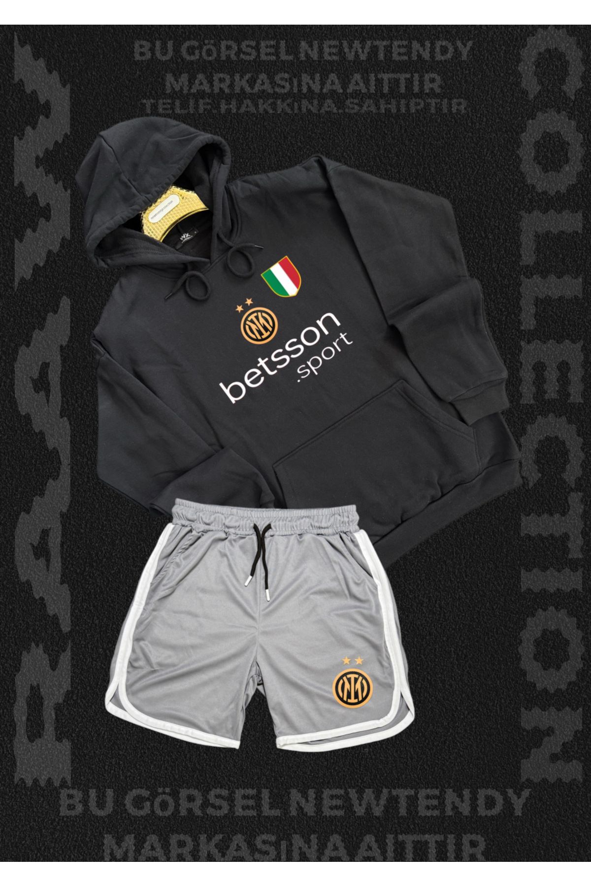 Minikelya Inter Milano Logolu Kapüşonlu Sweatshirt ve Şort Takımı Taraftar Spor Giyim Seti 2li kombin