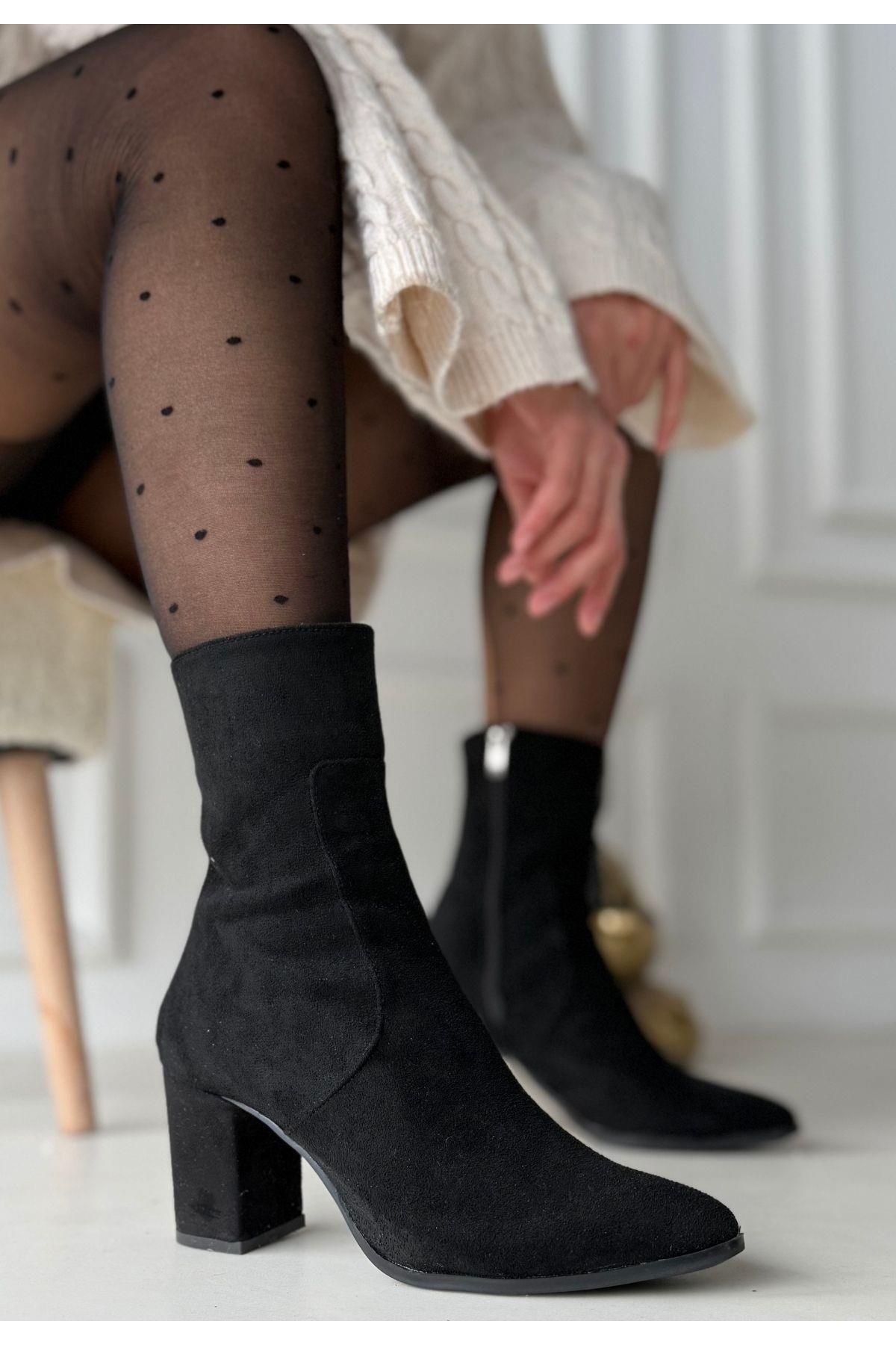 Nil Shoes Noort Siyah Süet Topuklu Bot