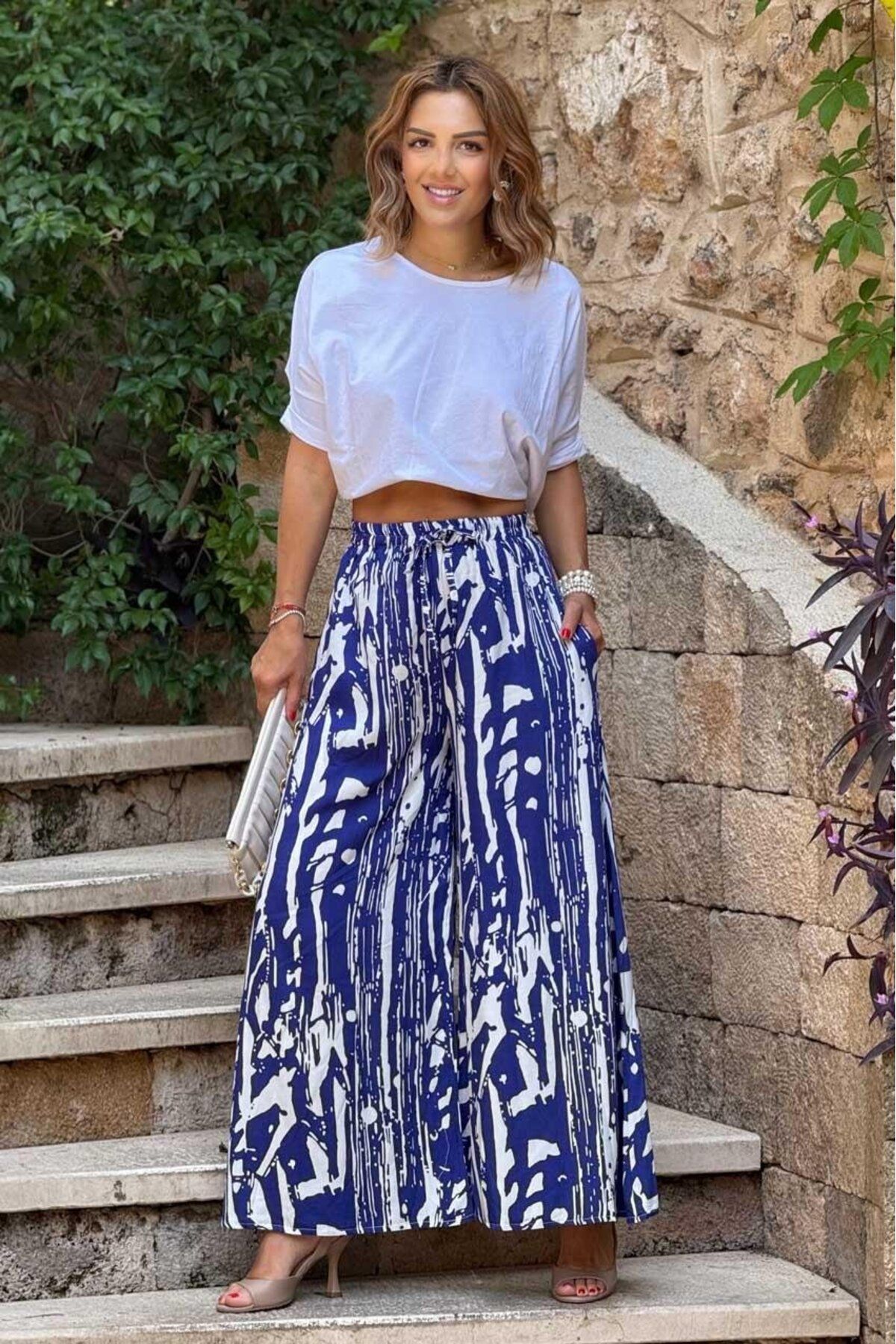 Nevin Kaya Moda İTALYAN Mavi Çizgi Desenli %100 Pamuk Viskon Pantolon