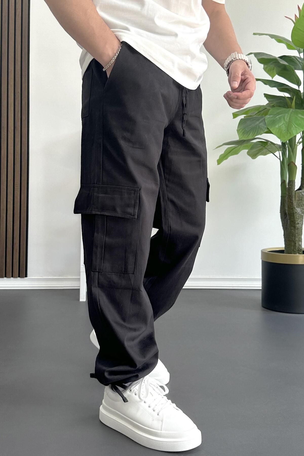 Edwox Erkek Kargo Cepli Paçası Ayarlanabilir Baggy Pantolon Siyah Edw355