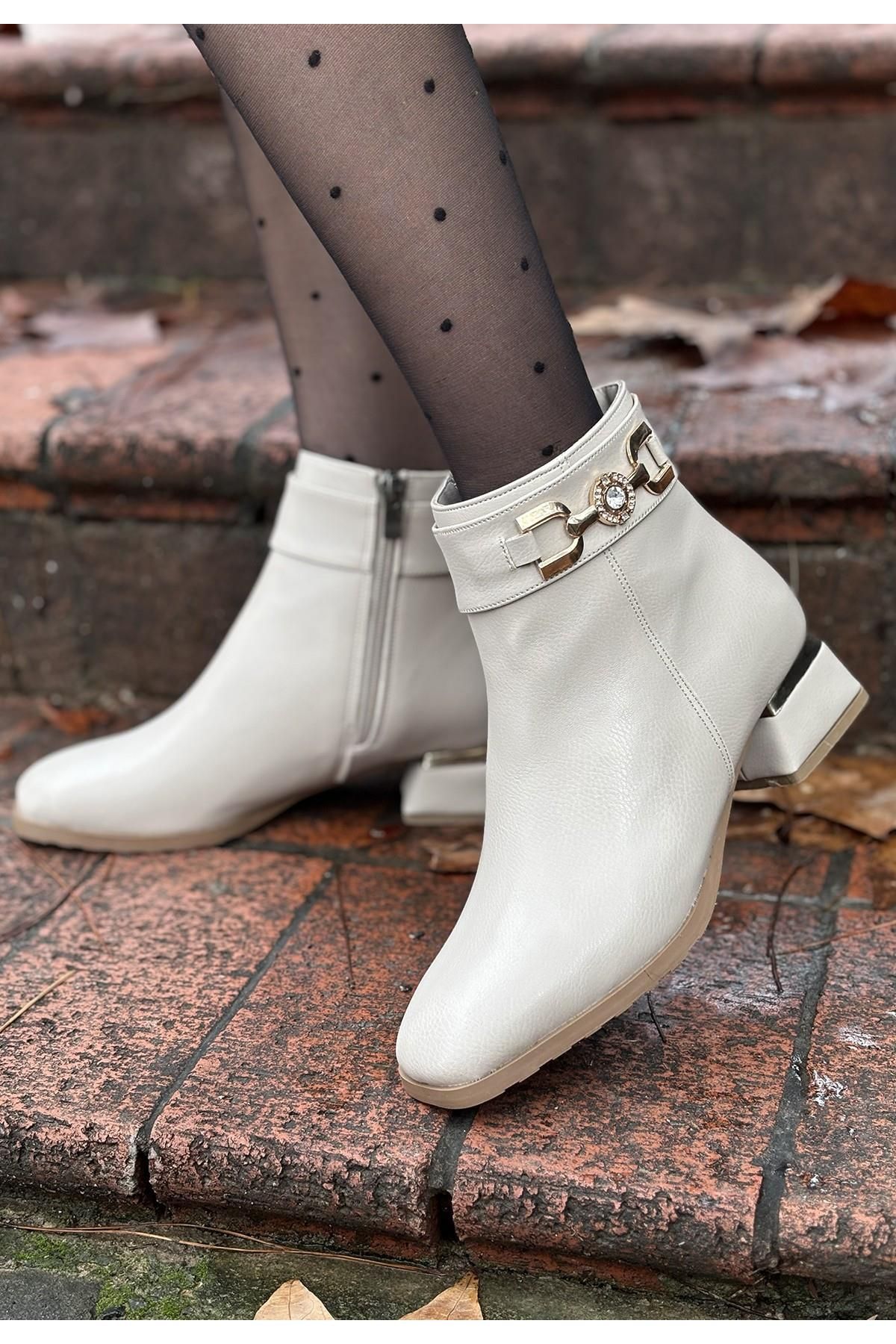 Nil Shoes Terci Bej Cilt Topuklu Bot