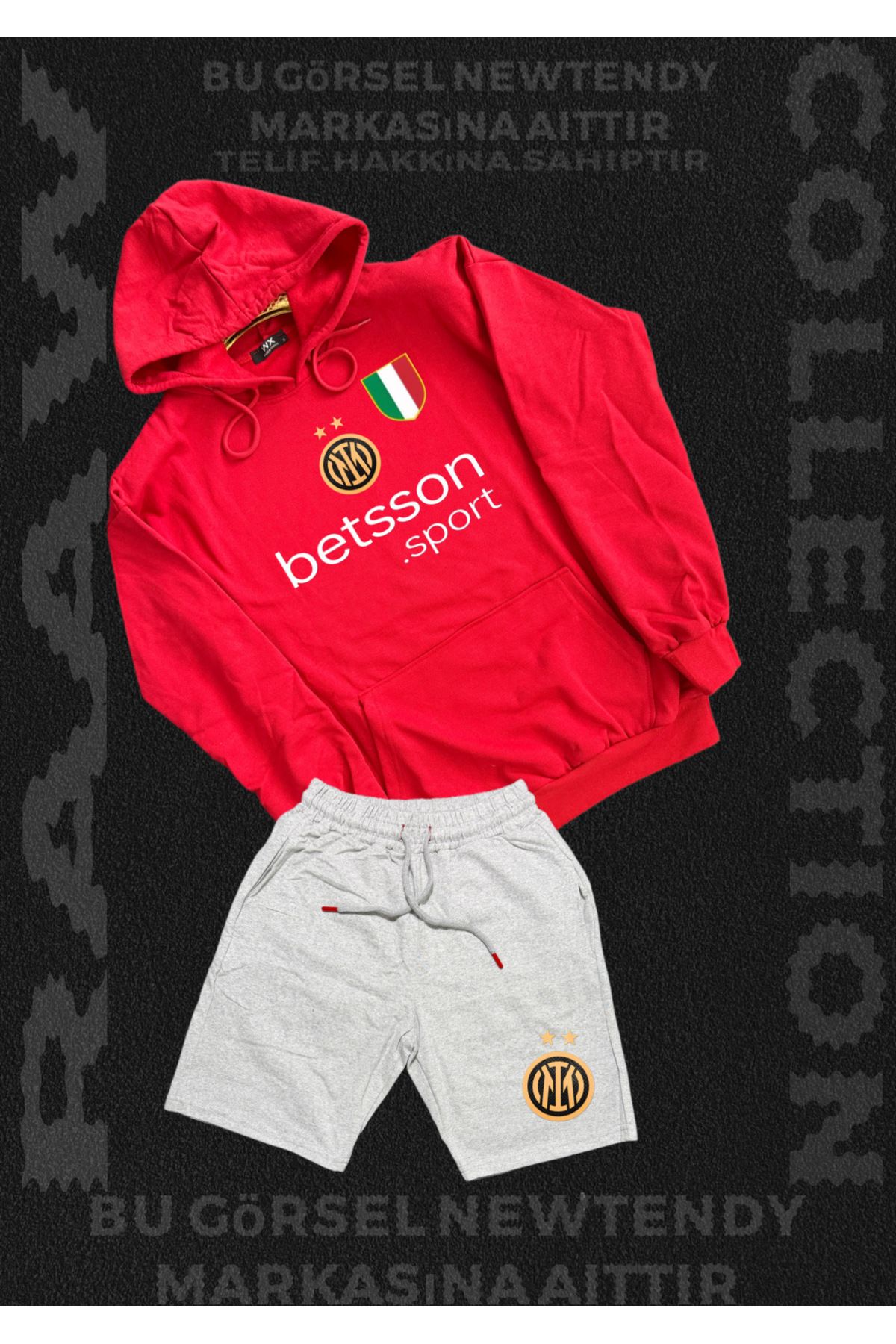 Minikelya Inter Logolu Kapüşonlu Sweatshirt ve Açık Şort Takımı Erkek Taraftar Spor Giyim Seti 2li kombin