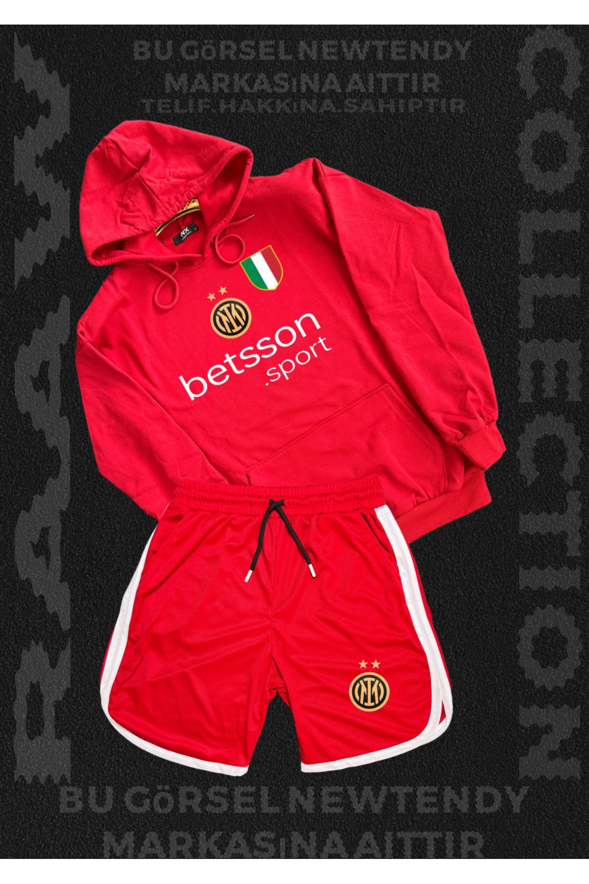 Minikelya Inter Milano Logolu Kapüşonlu Sweatshirt ve Şort Takımı Taraftar Spor Giyim Seti 2li kombin