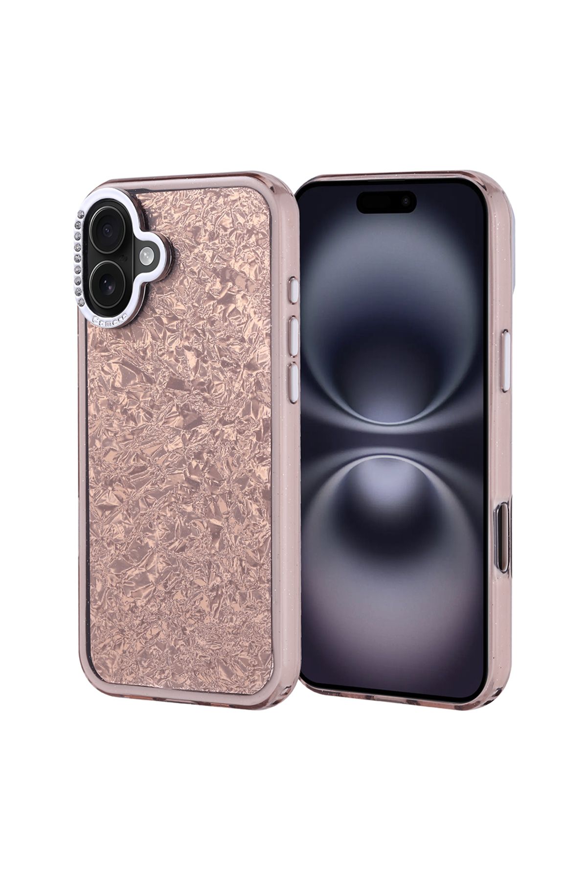 Strap U Apple iPhone 16 Plus Kırık Cam Efektli Işıltılı Kılıf Kamera Koruması Taşlı Tasarım Kapi Kapak