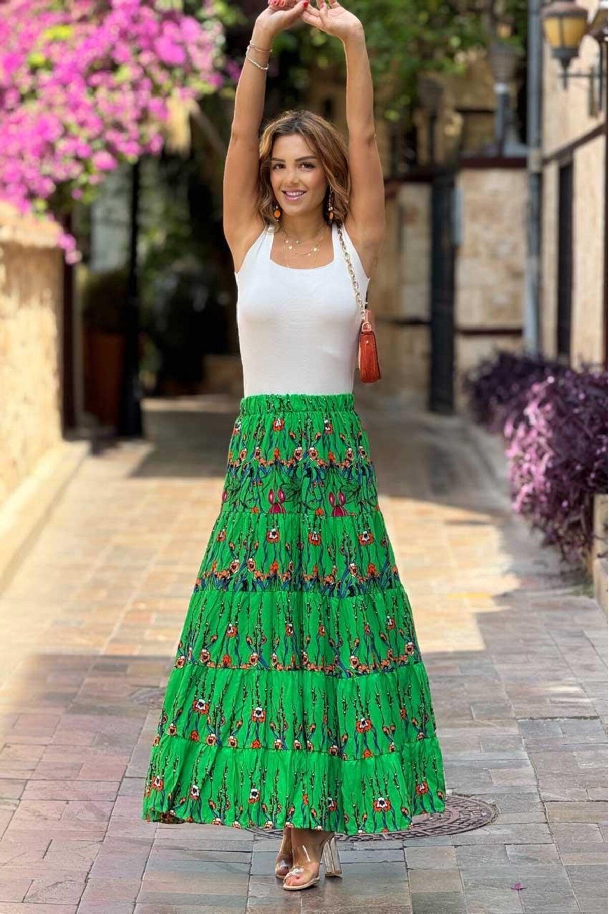 Nevin Kaya Moda Yeşil Bahar Dalı Desenli %100 Pamuk Viskon Etek
