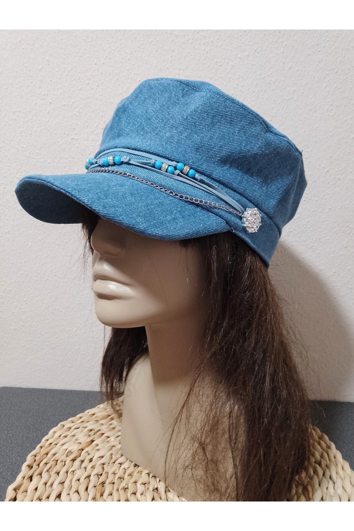EMİNSHOP Kadın kot denim kaptan şapkası açık mavi