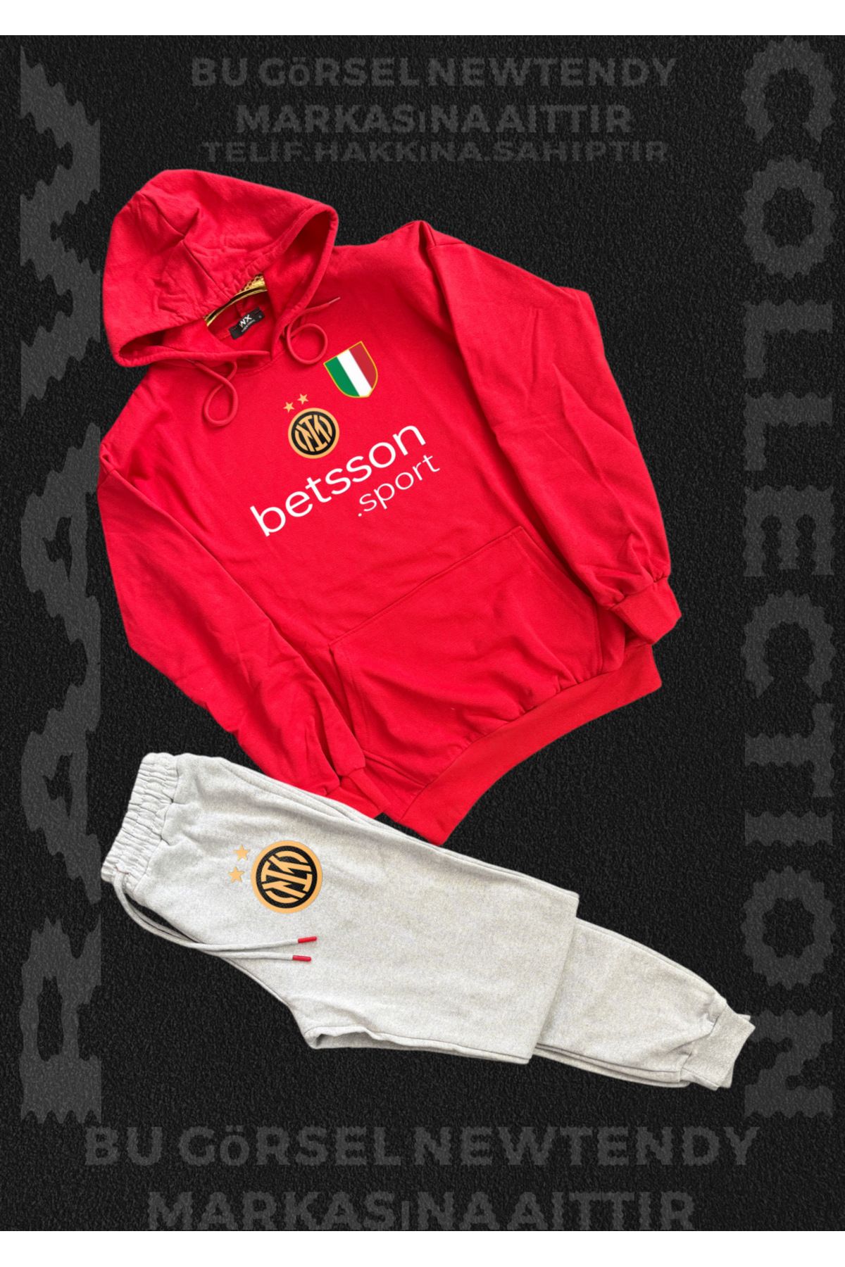 Minikelya Inter Logolu Kapüşonlu Sweatshirt ve eşofman alt Takımı Erkek Taraftar Spor Giyim Seti 2li kombin