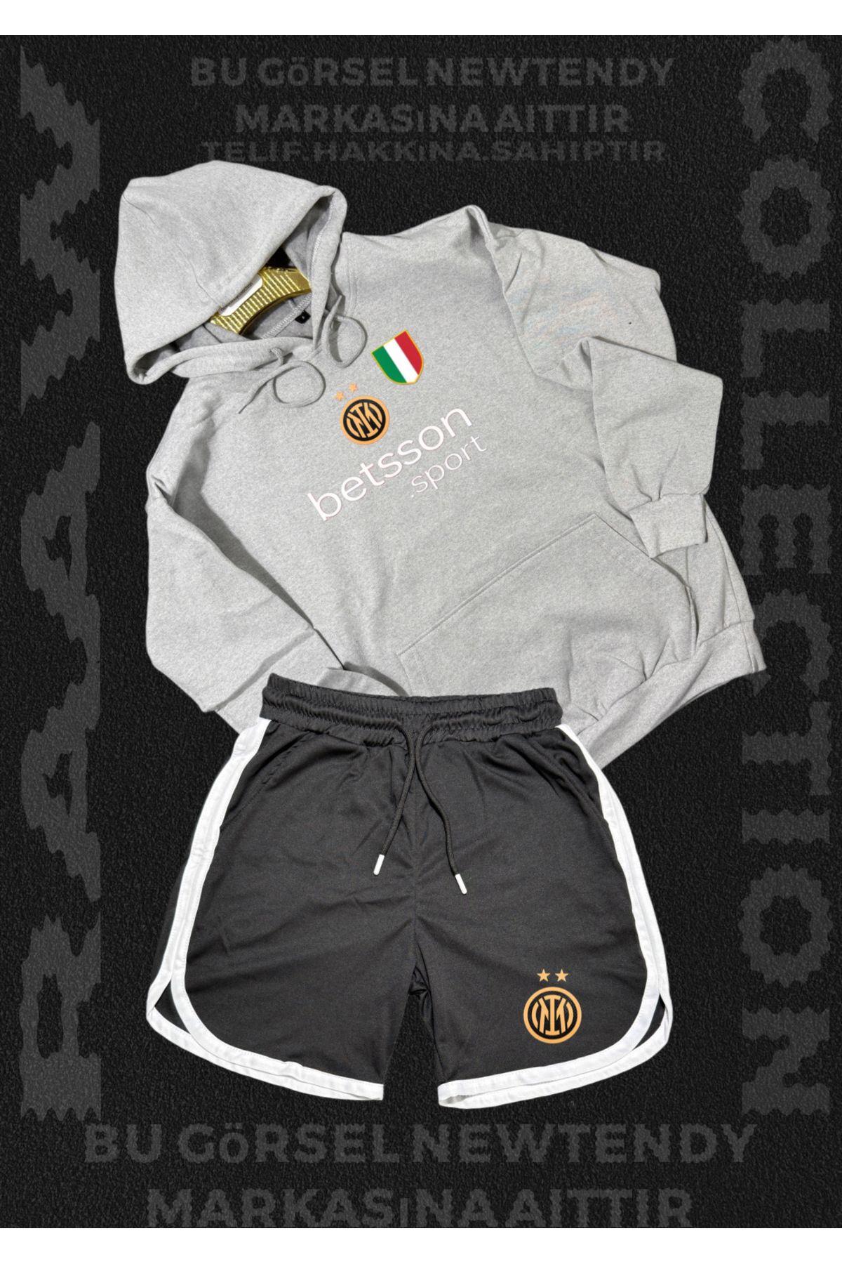 Minikelya Inter Milano Logolu Kapüşonlu Sweatshirt ve Şort Takımı Taraftar Spor Giyim Seti 2li kombin