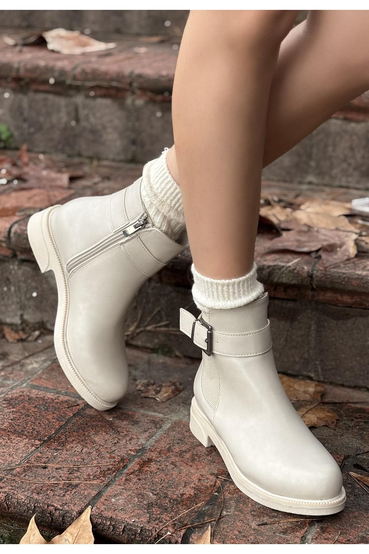 Nil Shoes Wennes Bej Cilt Topuklu Bot