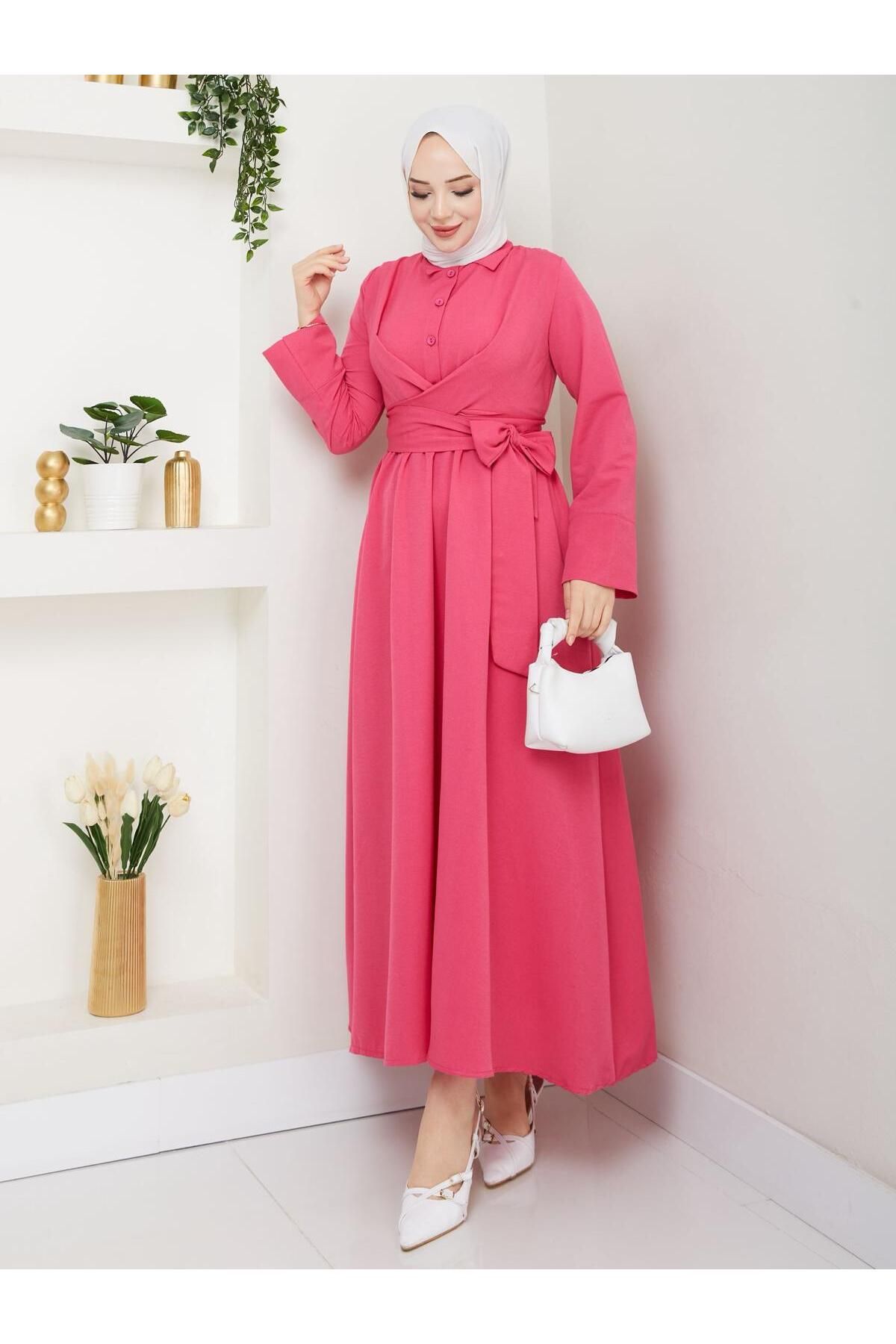 exxitcollection Terikoton Kuşaklı Tesettür Elbise 135 cm
