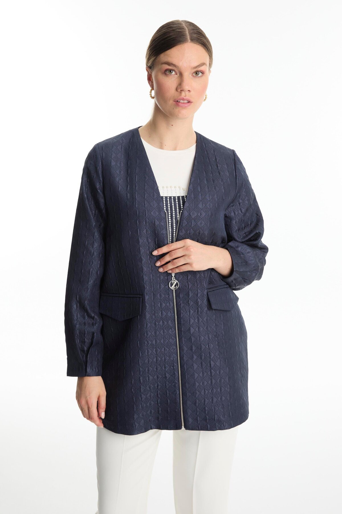 Zühre-Jacquard Inner Jacket Navy Blue Double Suit Tk-1569 3