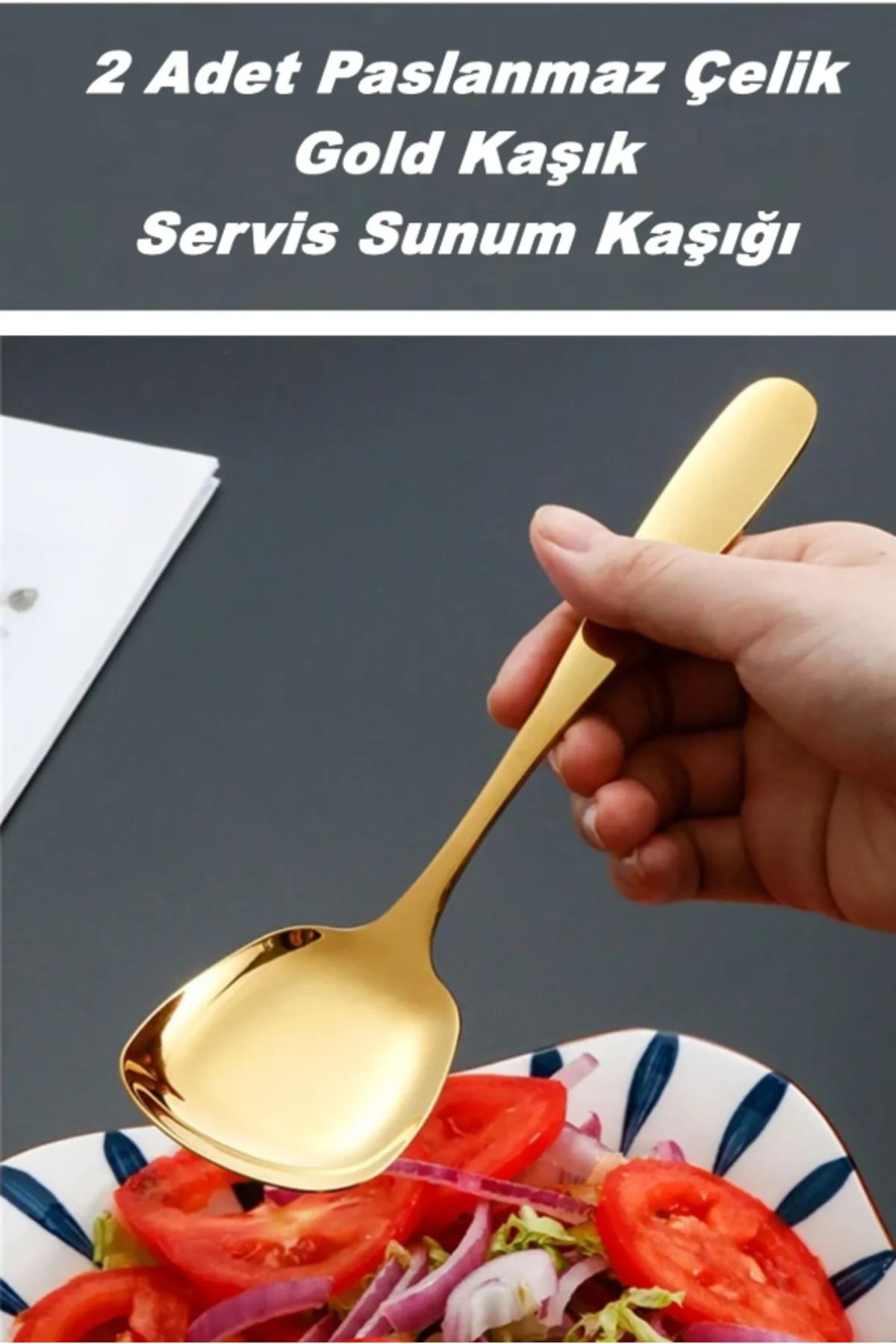 AYGÖREN HOME Pratik 2 ADET Paslanmaz Gold Çelik Lüx Servis Salata Kaşığı Spatula Çelik Yemek Servis Kaşığı 21cm