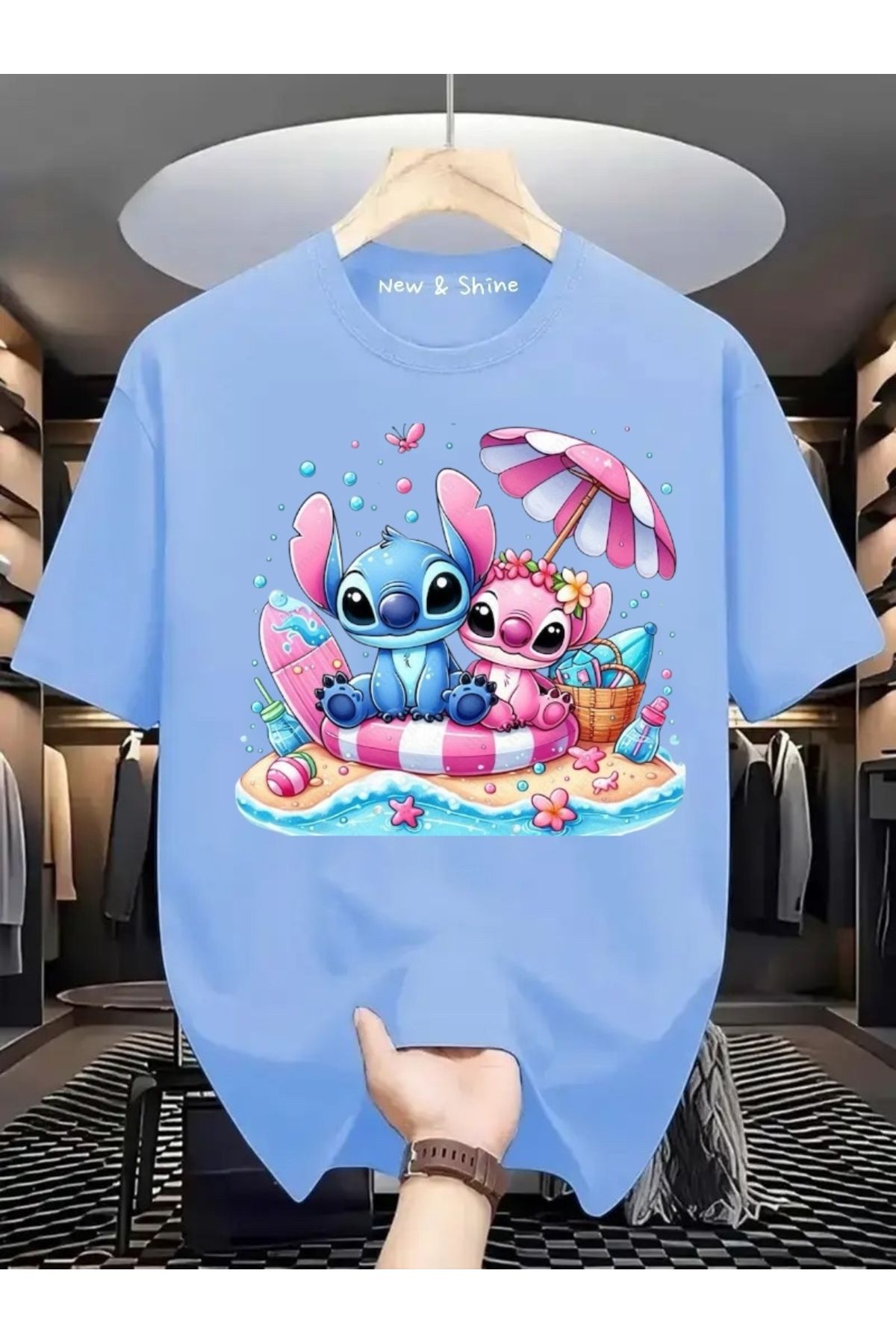New Shine Stitch ve Angel Baskılı Büyük Beden Oversize T-Shirt