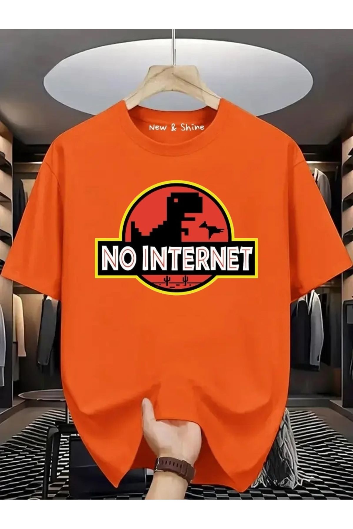 New Shine No Internet Dinozor Baskılı Oversize T-Shirt