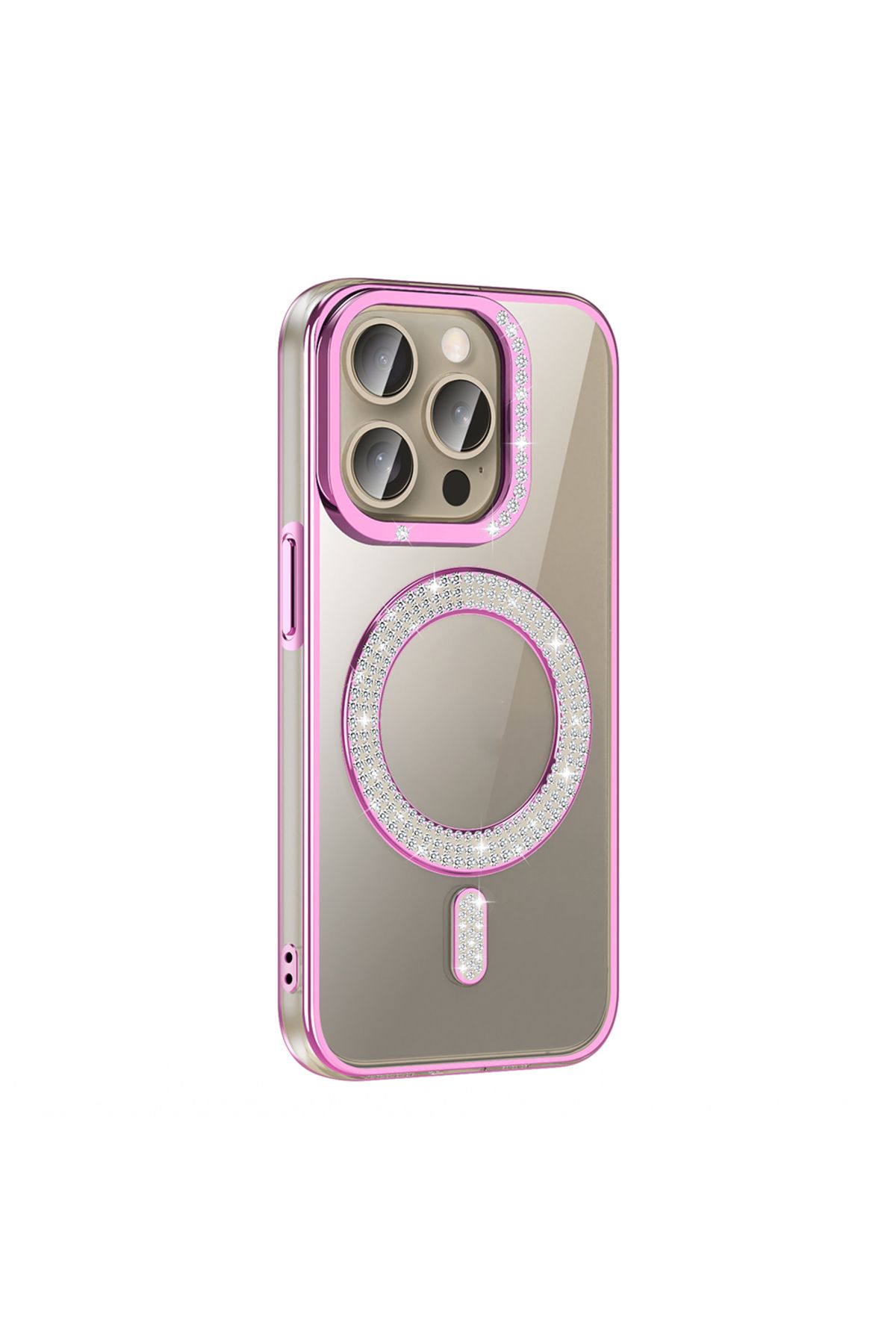 Strap U Apple iPhone 15 Pro Max Kılıf Pırlanta Taş Tasarımlı M-safe Şarj Özellikli Karetta Silikon Kapak