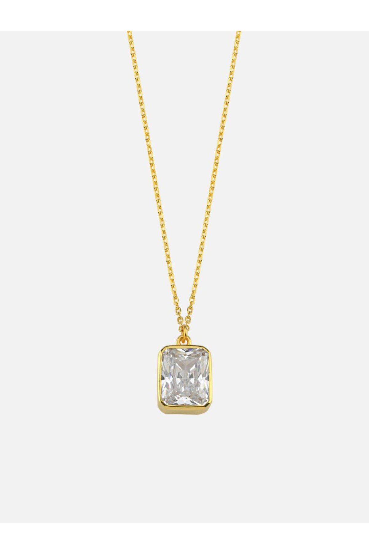LİNYA JEWELLERY Dikdörtgen Beyaz Kristal Taşlı Zincir Kolye