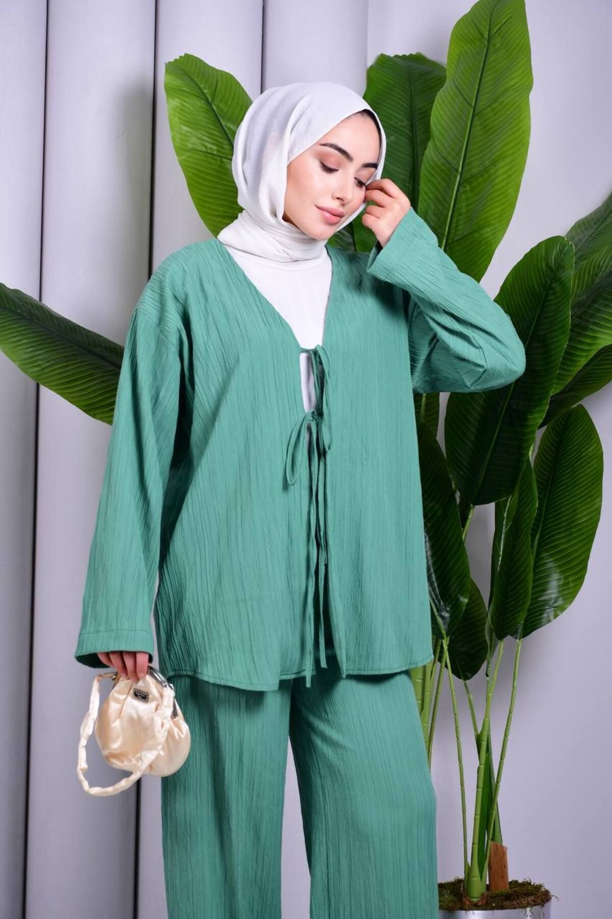 ZambakModa Bağcık Detaylı Pantolonlu Kimono Takım