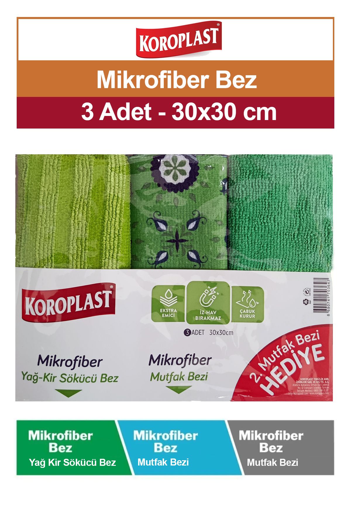 Koroplast Mikrofiber Yağ Kir Sökücü ve Mutfak Bezi 30x30 cm 3 adet