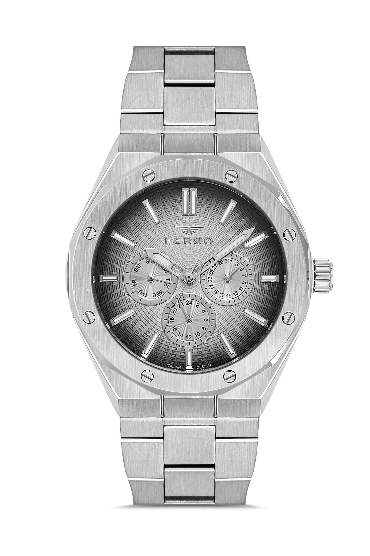 FERRO FM11537AWT-A2 Quartz Çelik Gri Siyah Kadran 42 mm Erkek Kol Saati