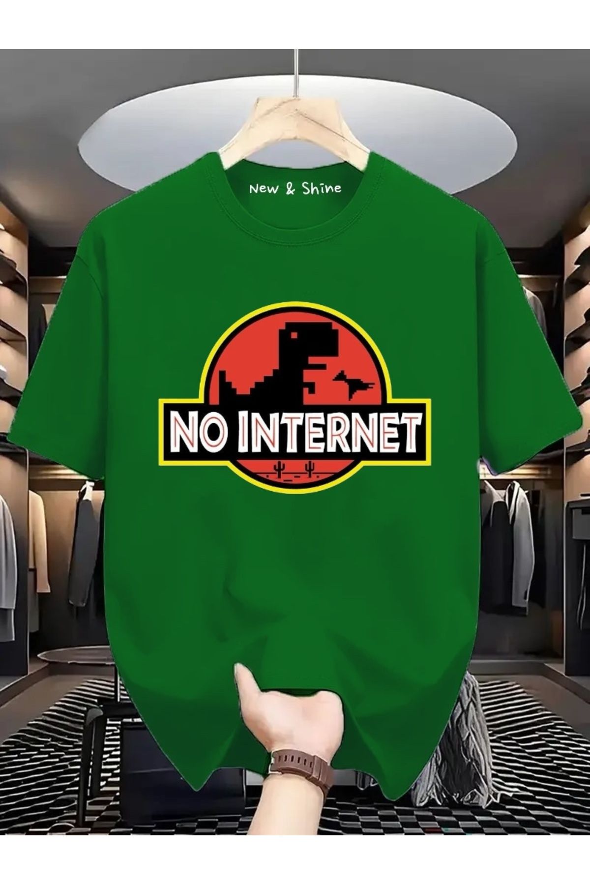 New Shine No Internet Dinozor Baskılı Büyük Beden Oversize T-Shirt
