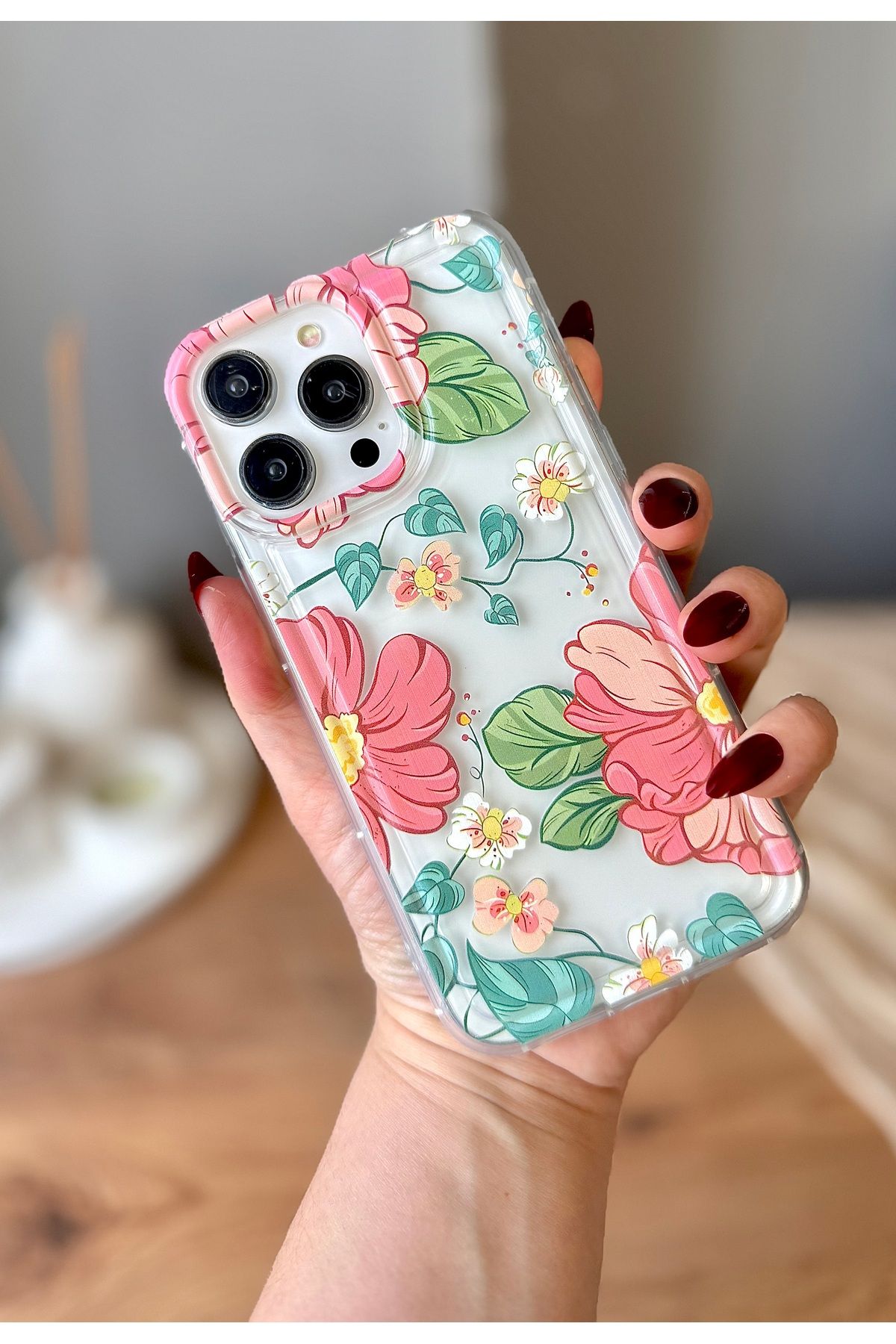 MirazTasarim IPHONE 15 PRO ŞEFFAF ÜZERİ ÇİÇEK DESENLİ KILIF