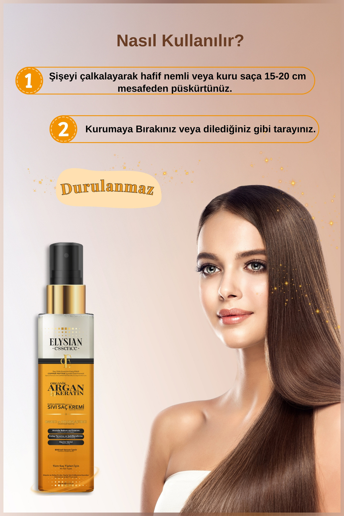 Organik Argan & Keratin Sıvı Saç Kremi 150 ML – Durulanmayan, Dökülme Karşıtı, Onarıcı Bakım Spreyi — 4406 — تصویر 4 از 8