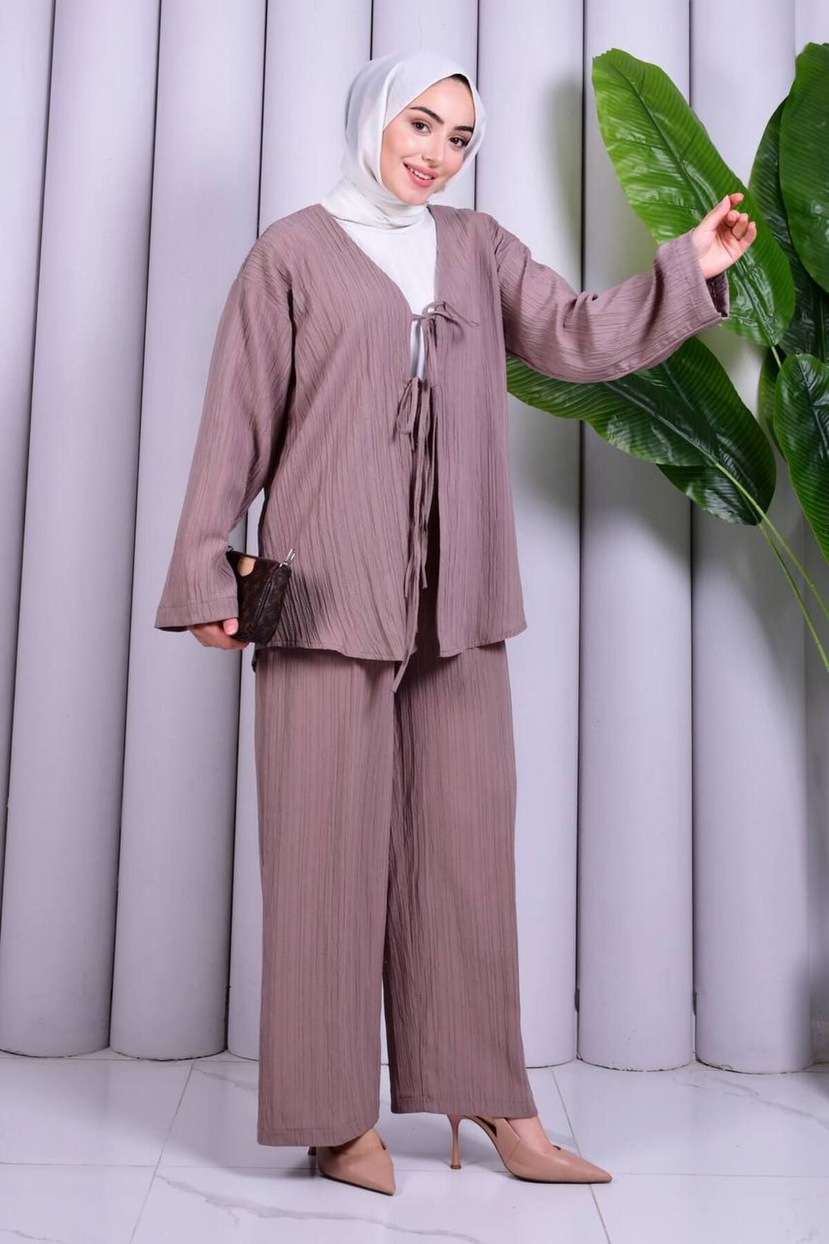 ZambakModa Bağcık Detaylı Pantolonlu Kimono Takım