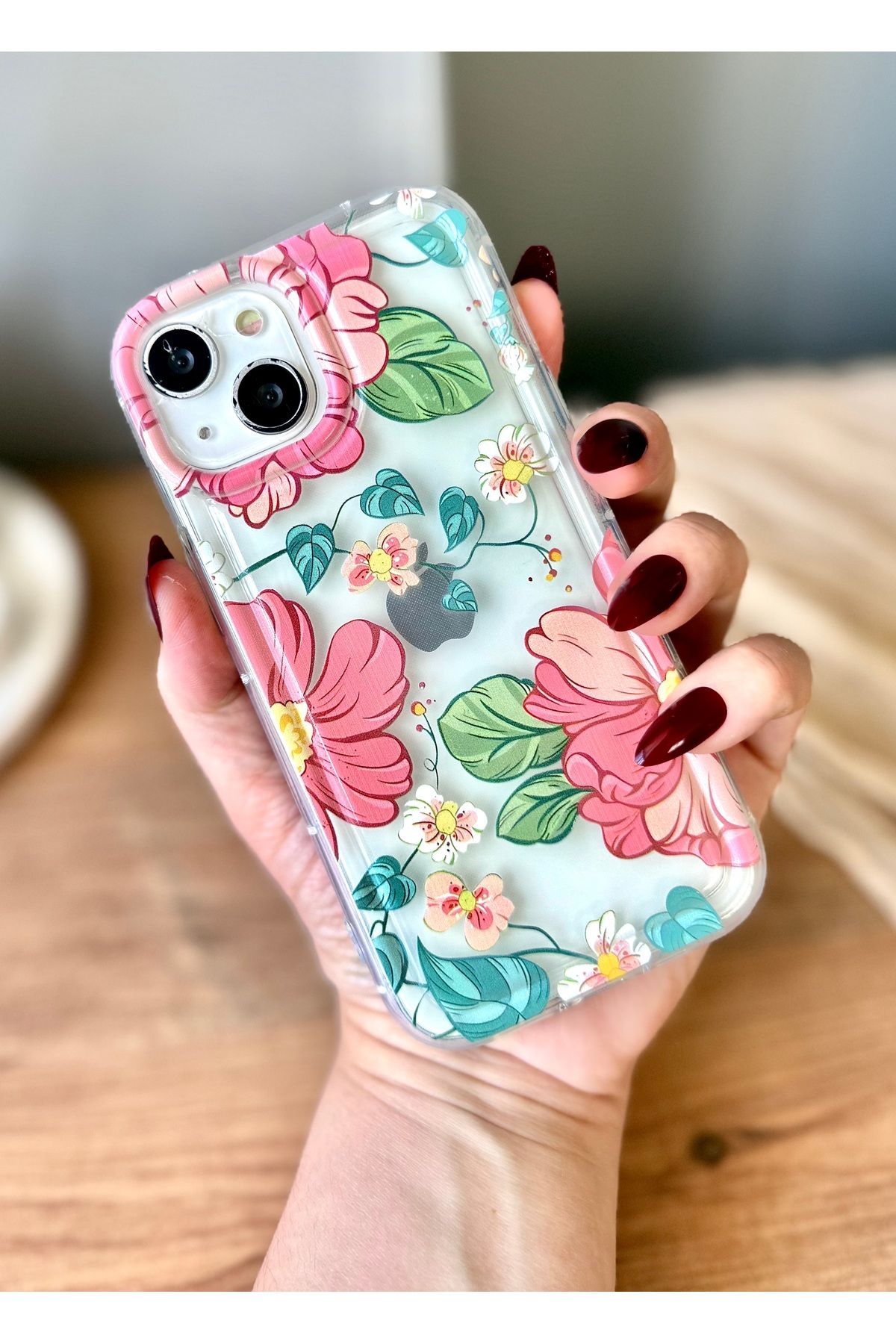 MirazTasarim IPHONE 13/14/15 UYUMLU ŞEFFAF ÜZERİ ÇİÇEK DESENLİ KILIF