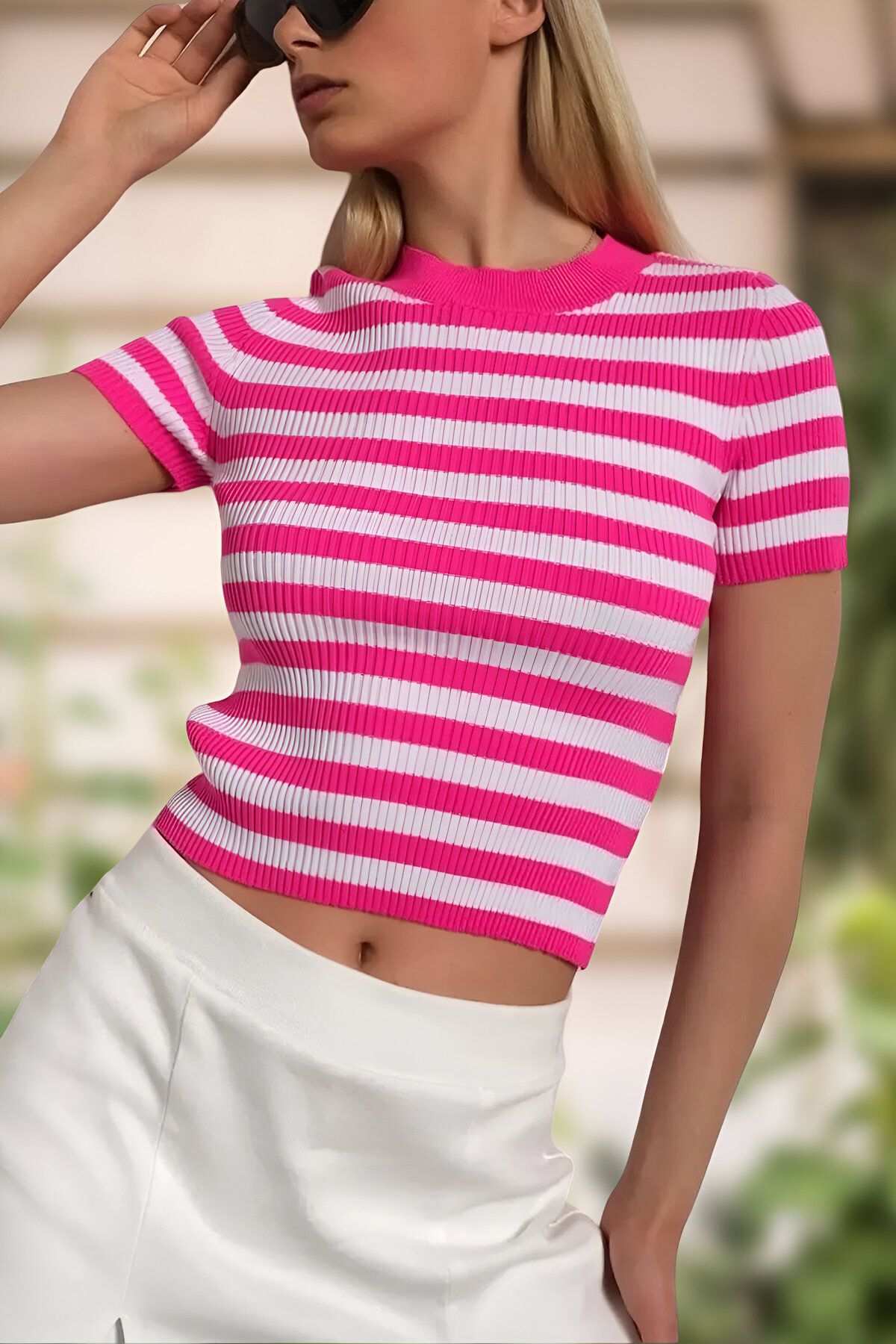 AQE FASHION Kadın Bisiklet Yaka Çizgili Kısa Kollu Basic Fuşya Bluz