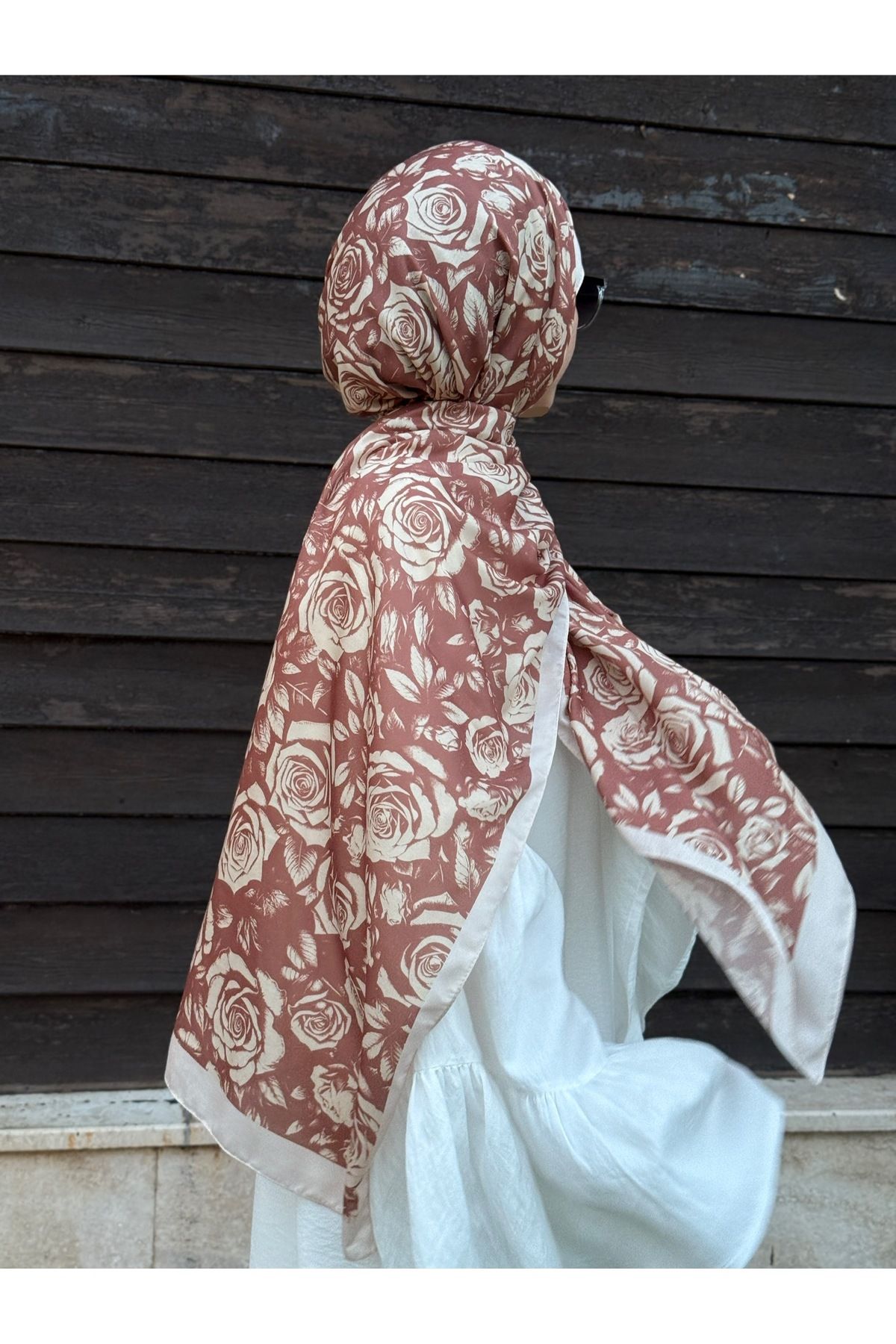 Qalortex Scarf Pamuklu Soft Roza Desen Şal-Cappuccino