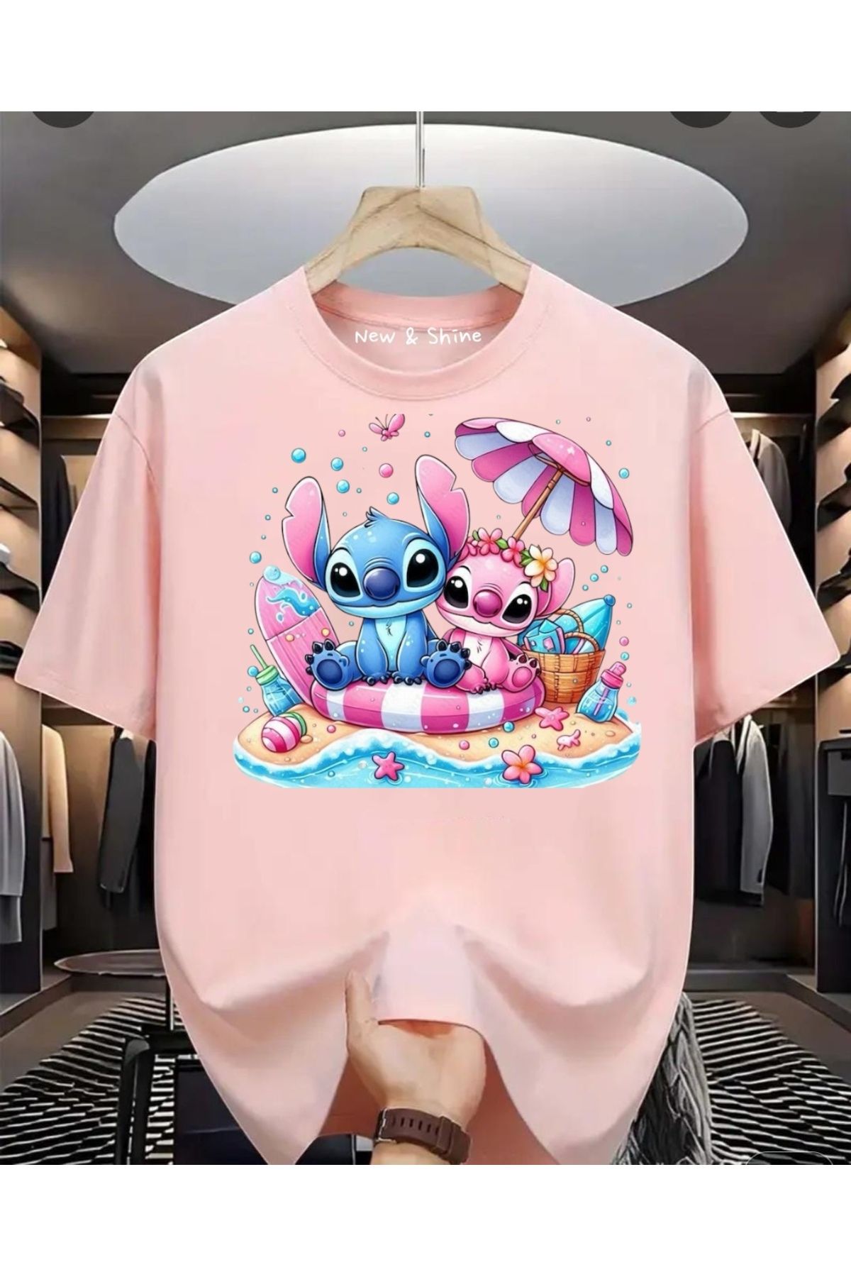 New Shine Stitch ve Angel Baskılı Büyük Beden Oversize T-Shirt
